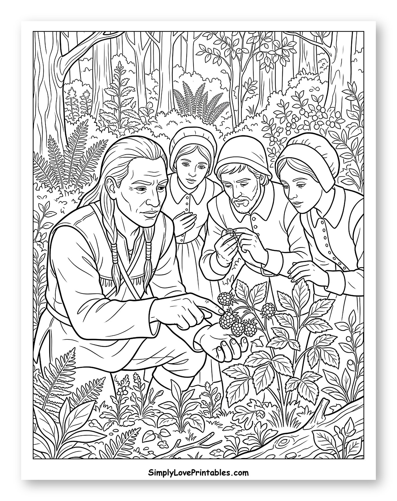 Squanto Teaching Pilgrims About Berries Coloring Sheet