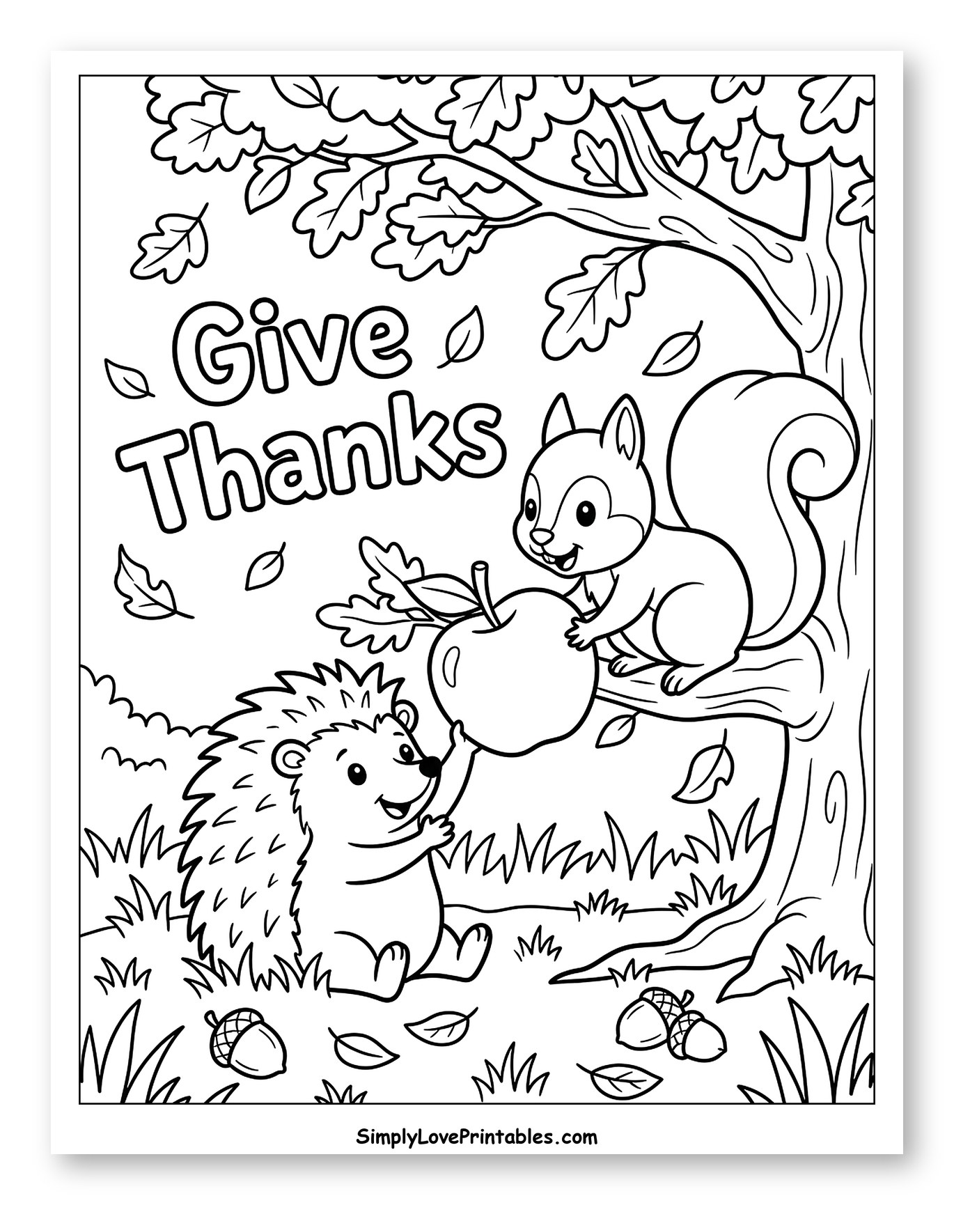 Squirrel and Hedgehog Sharing a Fall Apple Coloring Sheet for Kids