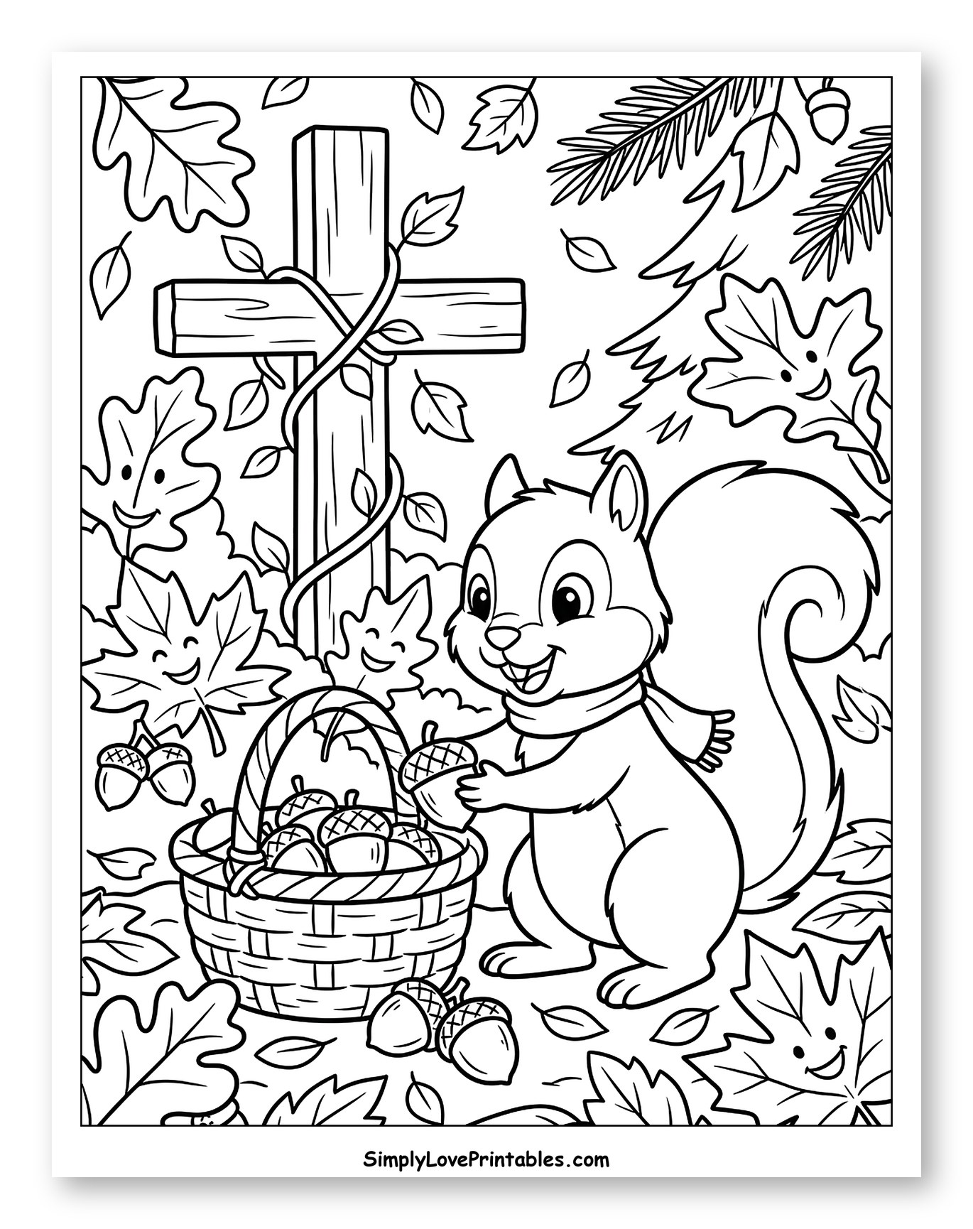 Squirrel Collecting Acorns by a Cross