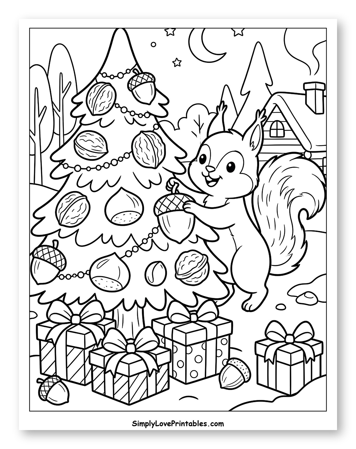 Squirrel Decorating Christmas Tree with Nuts and Gifts
