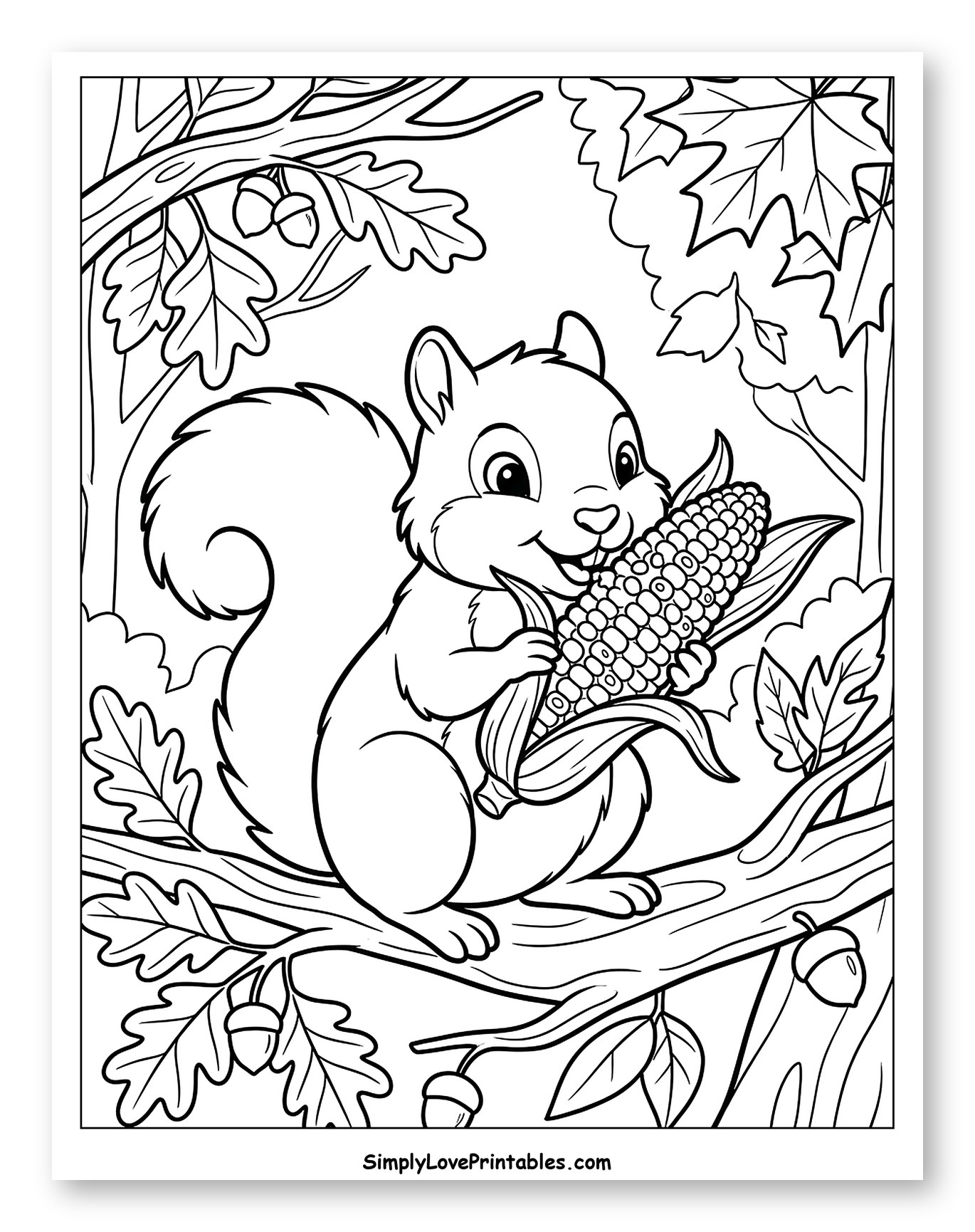 Squirrel Enjoying Corn on an Autumn Branch Coloring Sheet for Kids