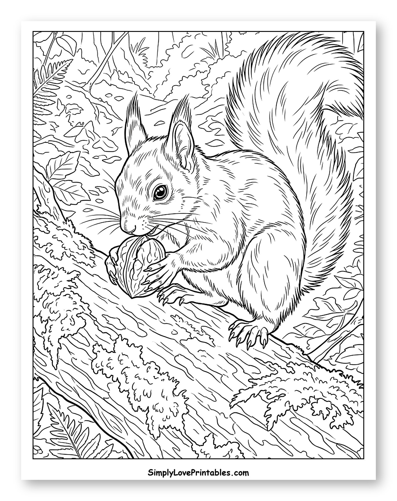 Squirrel Holding a Walnut on a Log Coloring Sheet