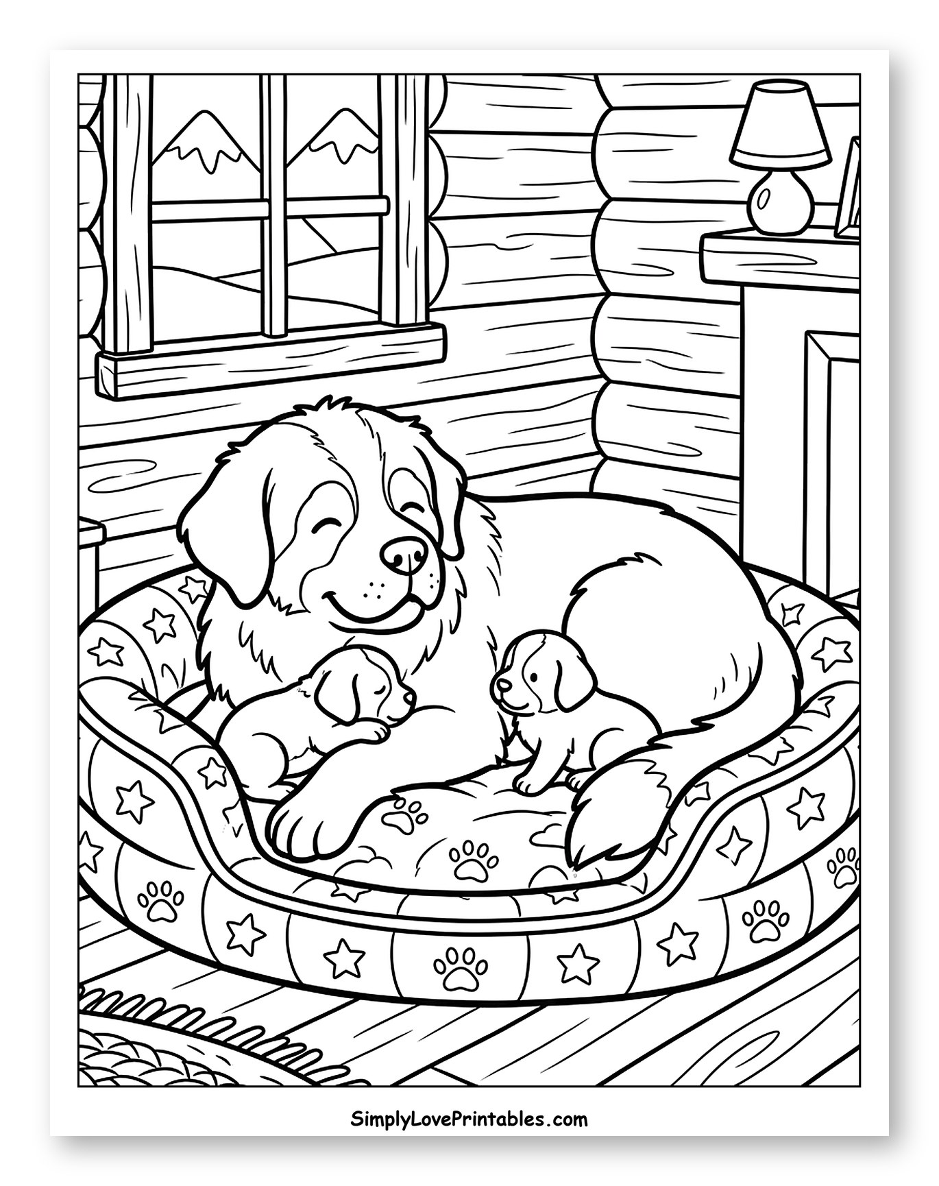 St. Bernard and Puppies in Cozy Cabin Coloring Page for Kids
