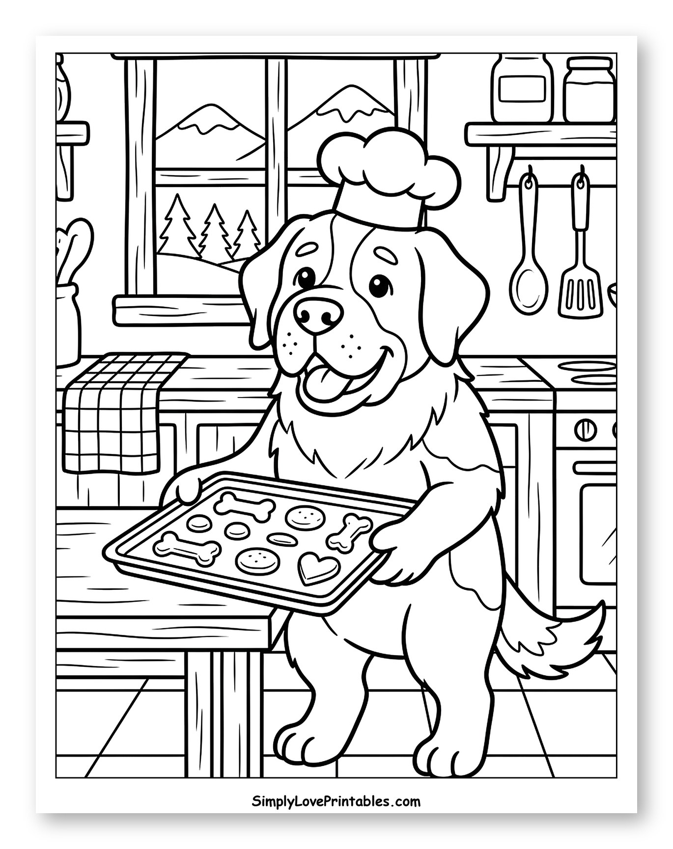 St. Bernard Dog Baking Treats in Kitchen Coloring Sheet for Kids