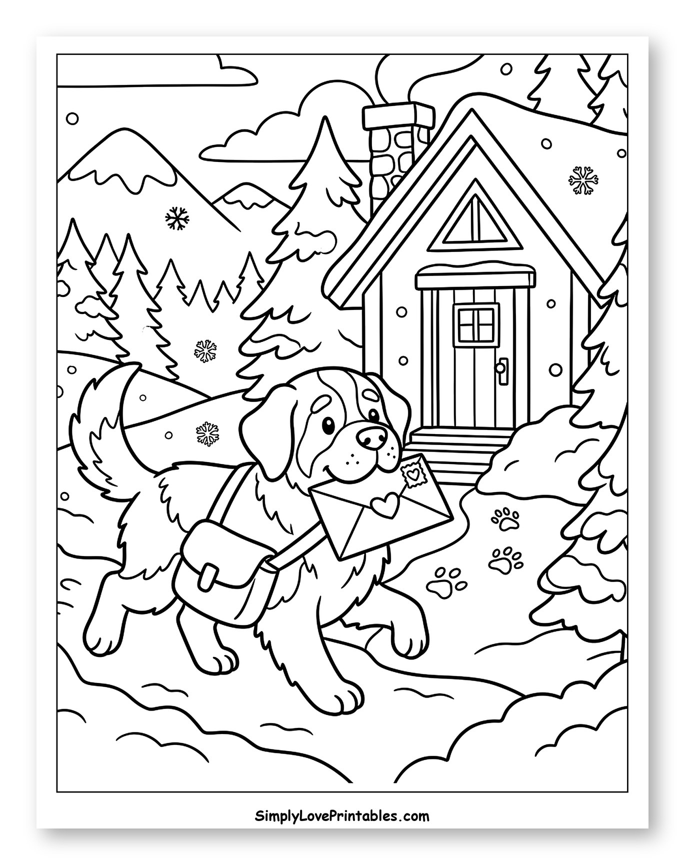 St. Bernard Dog Delivering a Letter in Winter to Color for Kids
