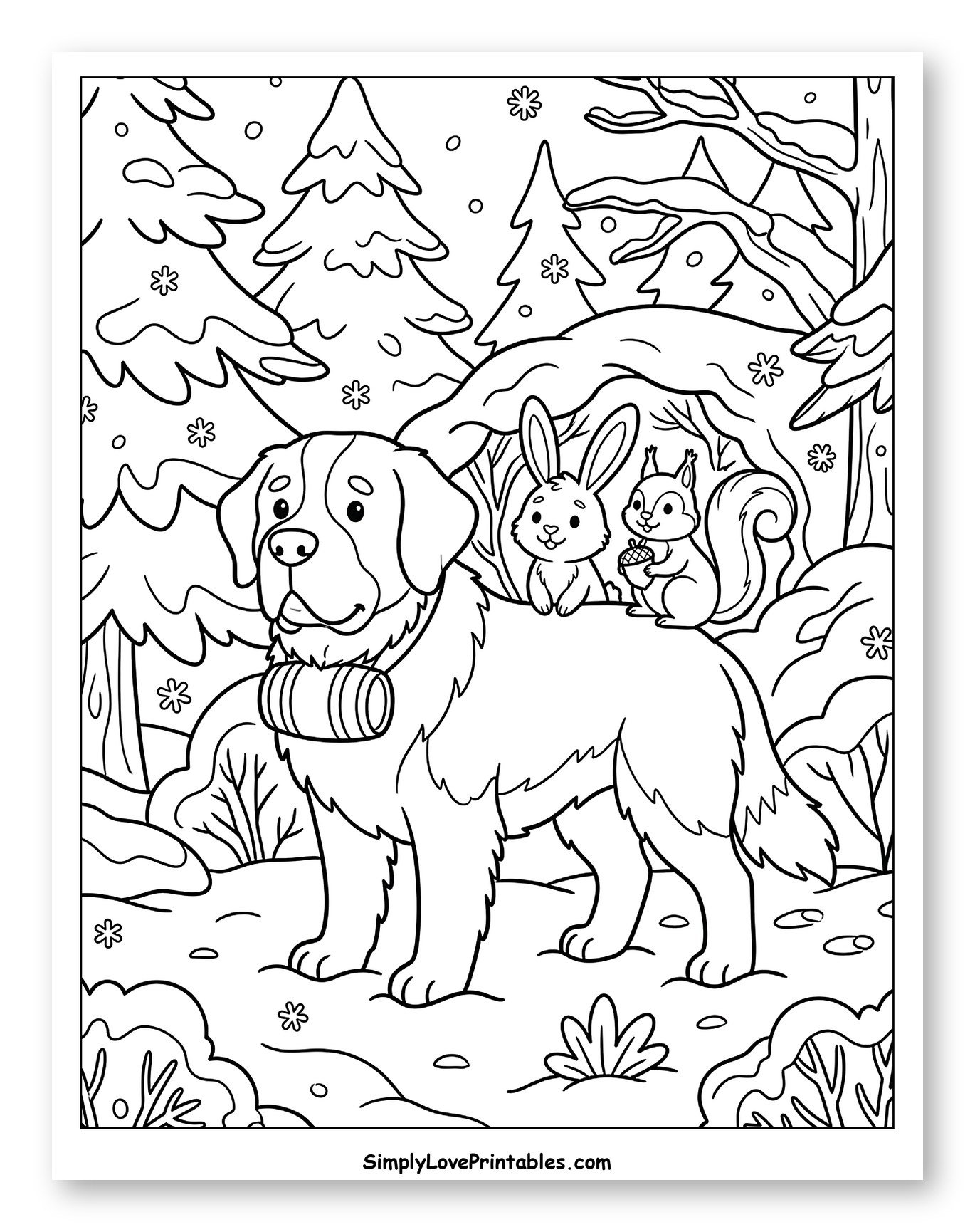 St. Bernard Dog with Friends in Snowy Forest Coloring Sheet for Kids