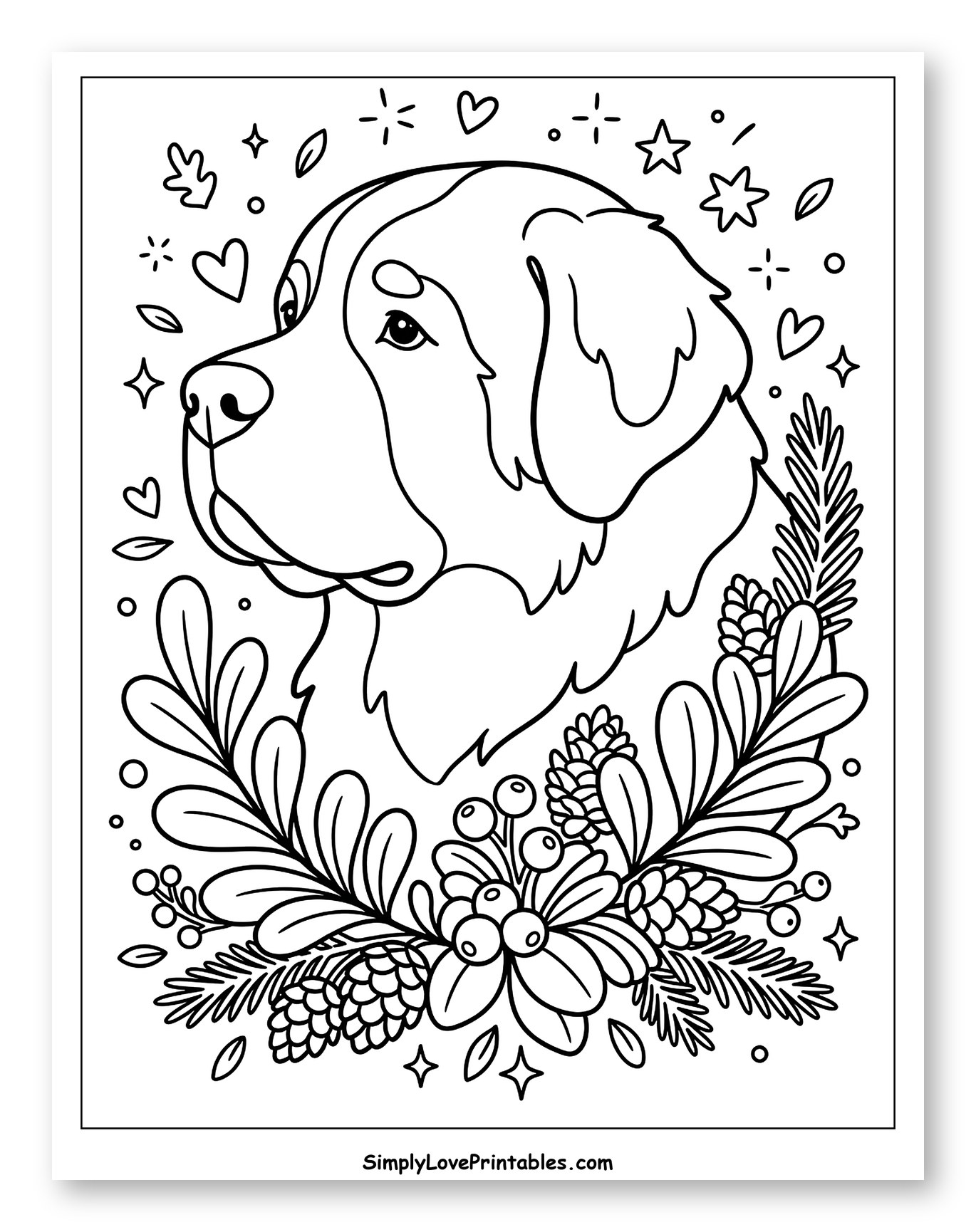 St. Bernard Dog with Winter Foliage Frame Coloring Sheet for Adults