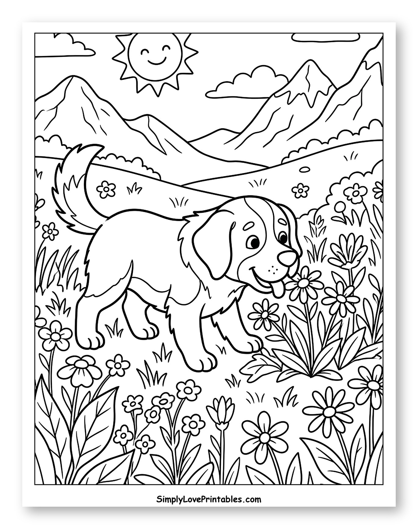 St. Bernard Puppy Among Flowers and Mountains to Color for Kids