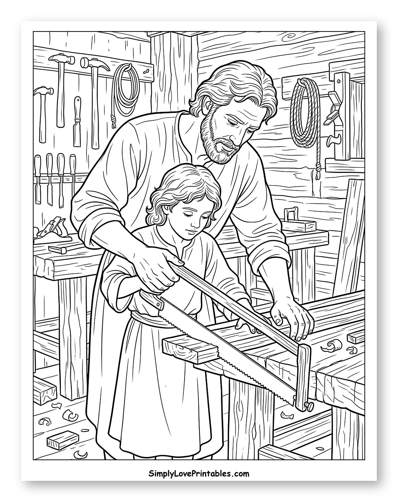 St. Joseph and Young Jesus Sawing Wood