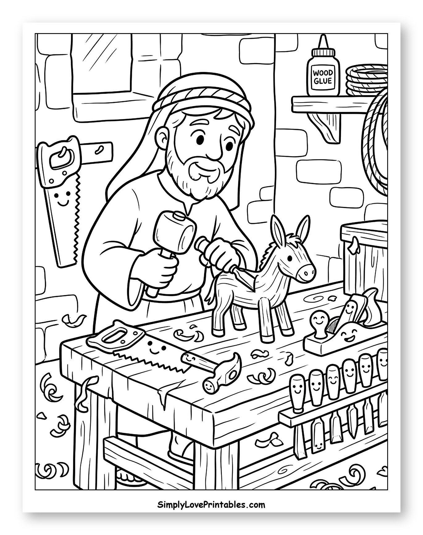St. Joseph Carving a Wooden Donkey Toy Coloring Sheet for Kids