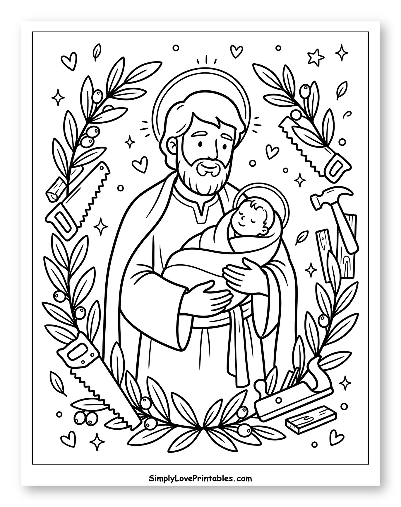 St. Joseph Cradling Baby Jesus and Carpentry Tools