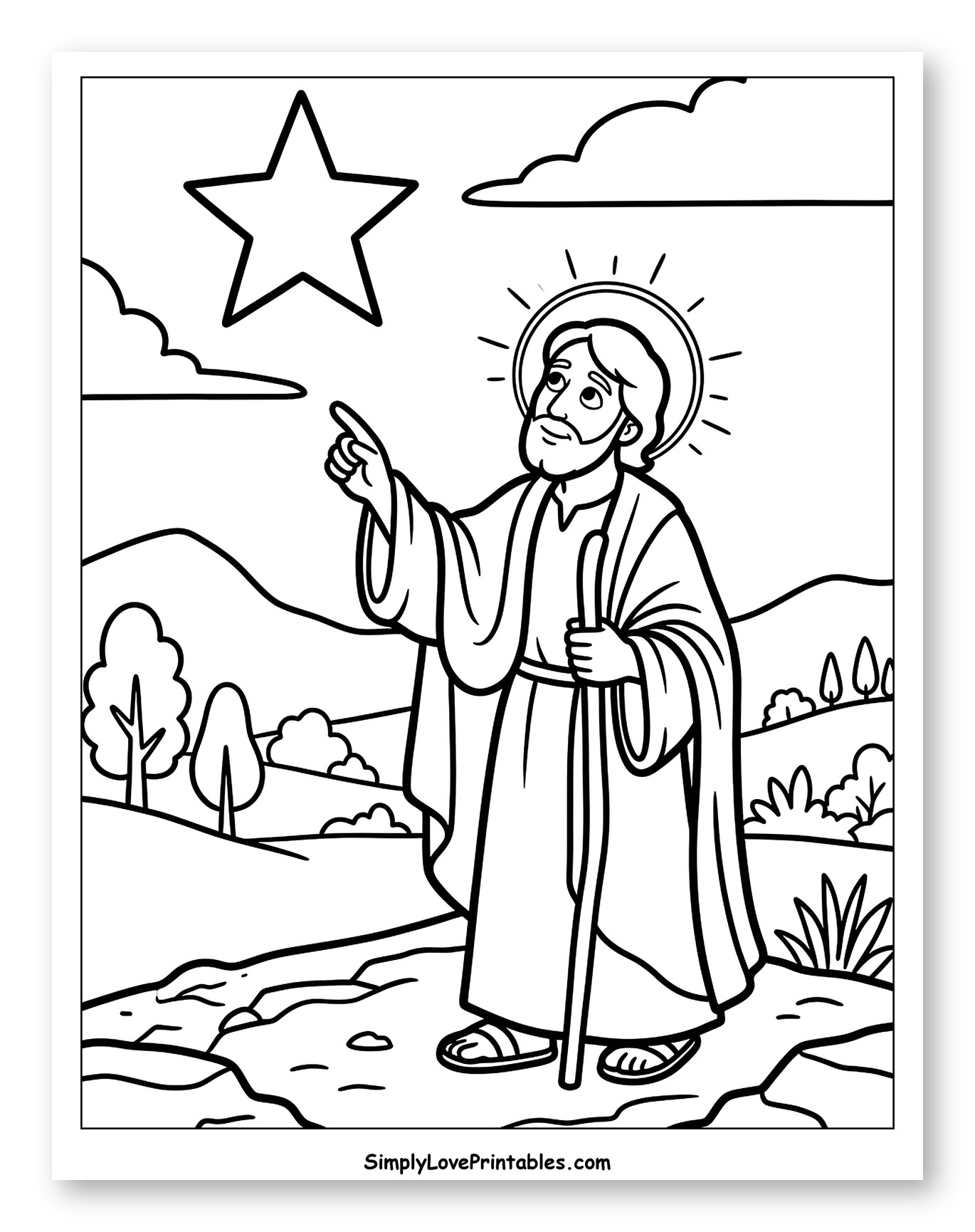 St. Joseph Pointing at the Star of Bethlehem Coloring Sheet for Toddlers