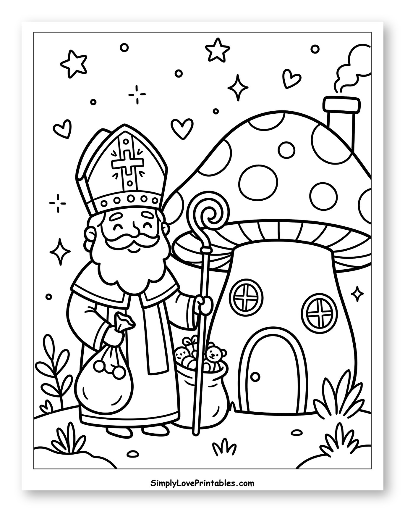 St. Nicholas Delivering Gifts at Mushroom House Coloring Sheet for Adults