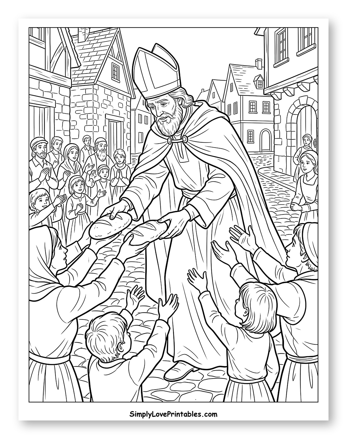 St. Nicholas Giving Bread to Children Coloring Sheet