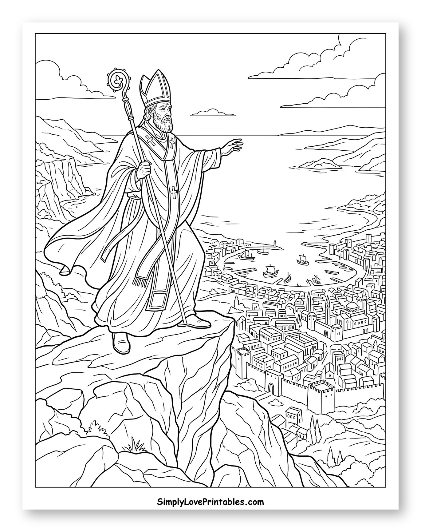 St. Nicholas Overlooking a Coastal City and Harbor Coloring Page