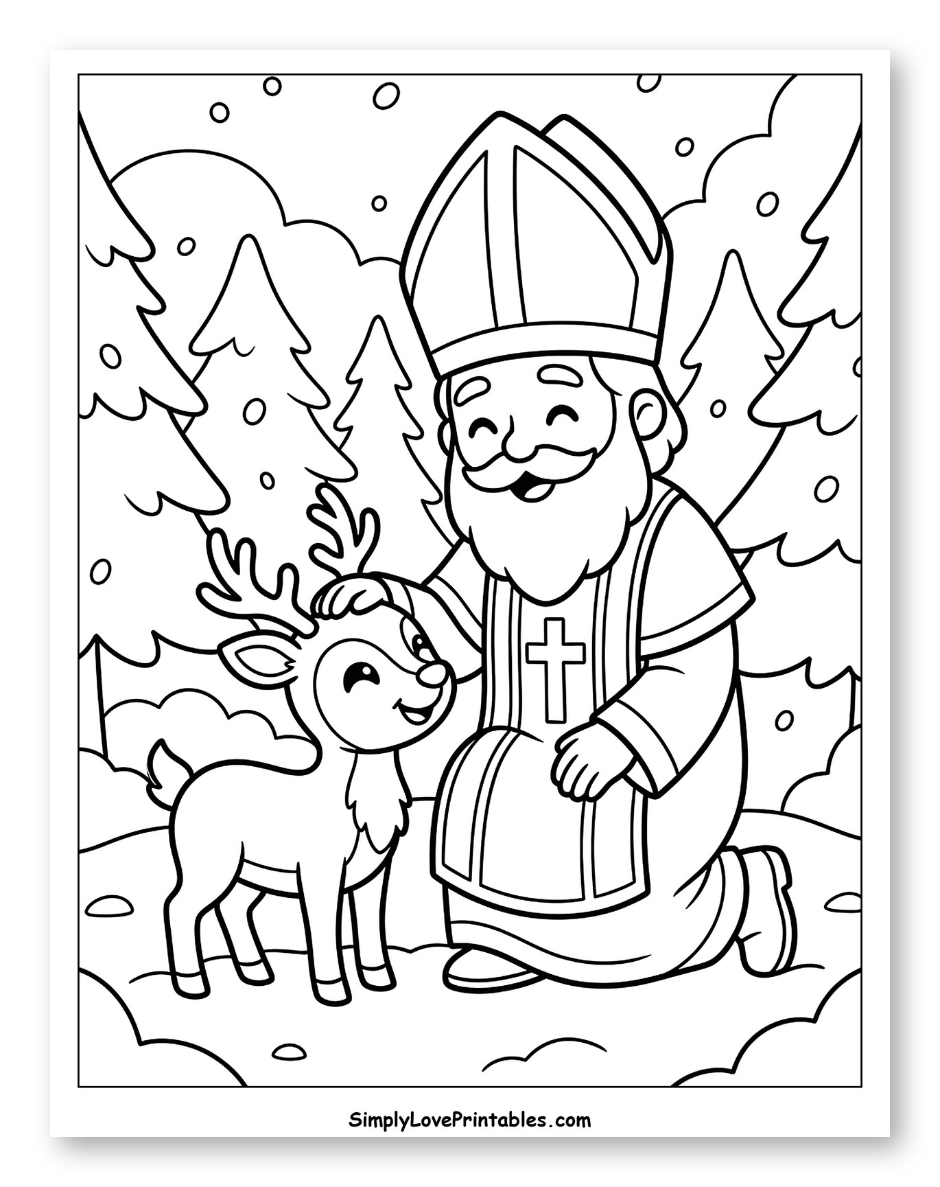 St. Nicholas Petting a Baby Reindeer to Color for Kids
