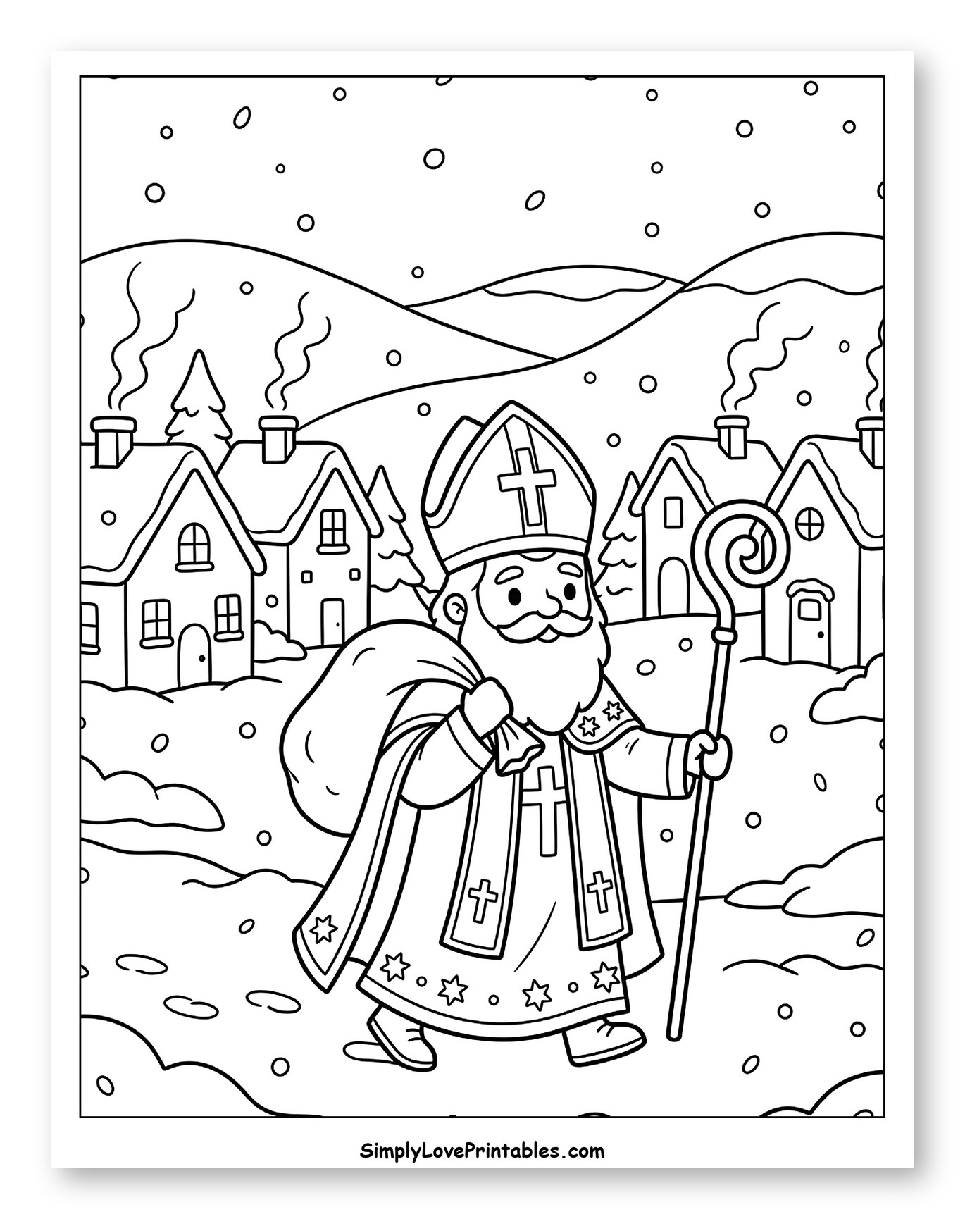 St. Nicholas Walking in a Snowy Village to Color for Kids