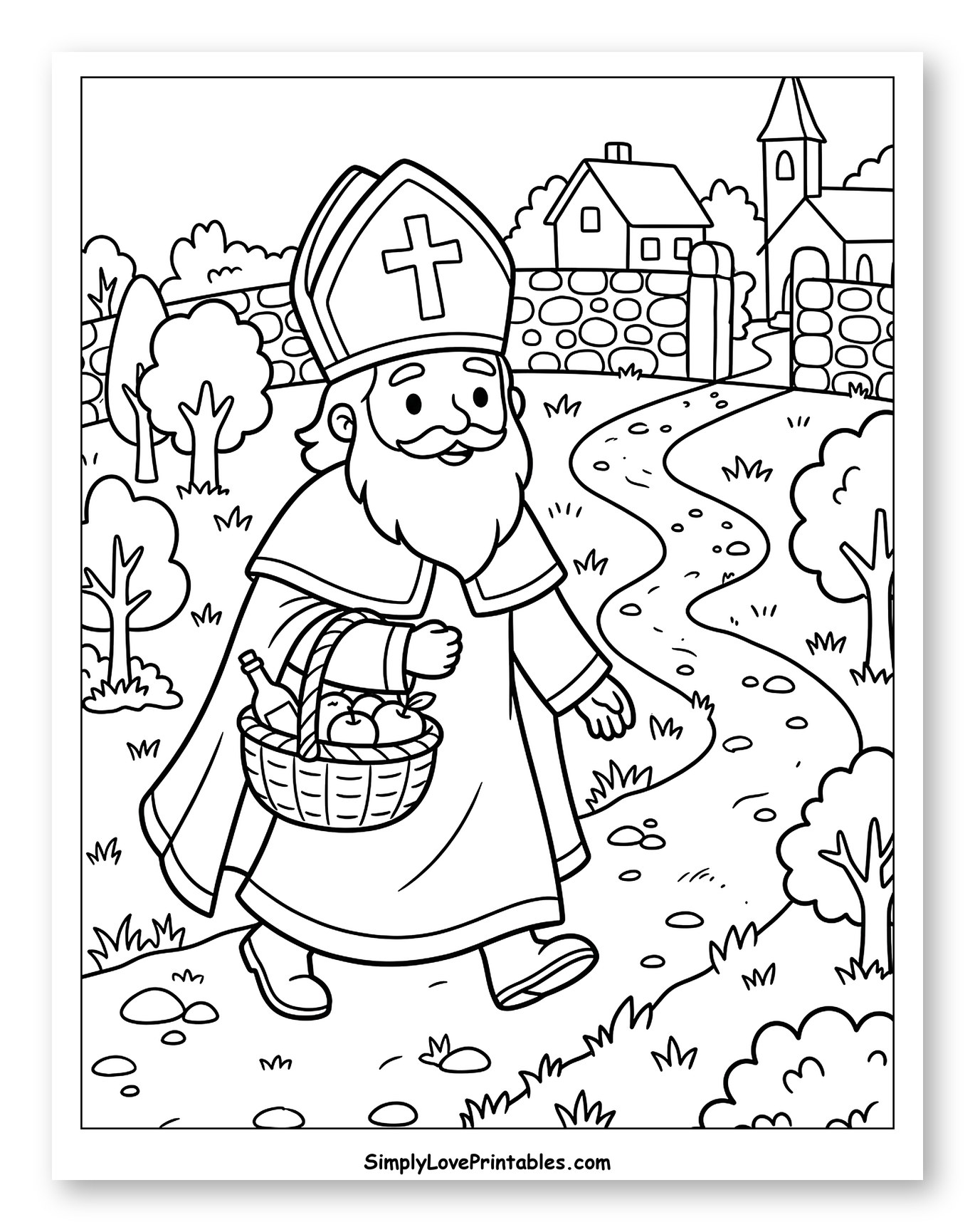 St. Nicholas Walking with a Basket of Goodies Coloring Sheet for Kids