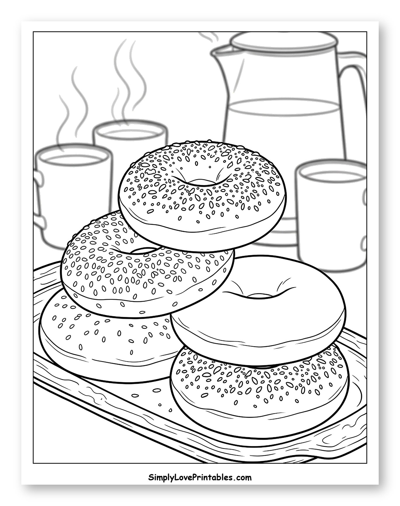 Stack of Bagels with Coffee and Mugs Coloring Page