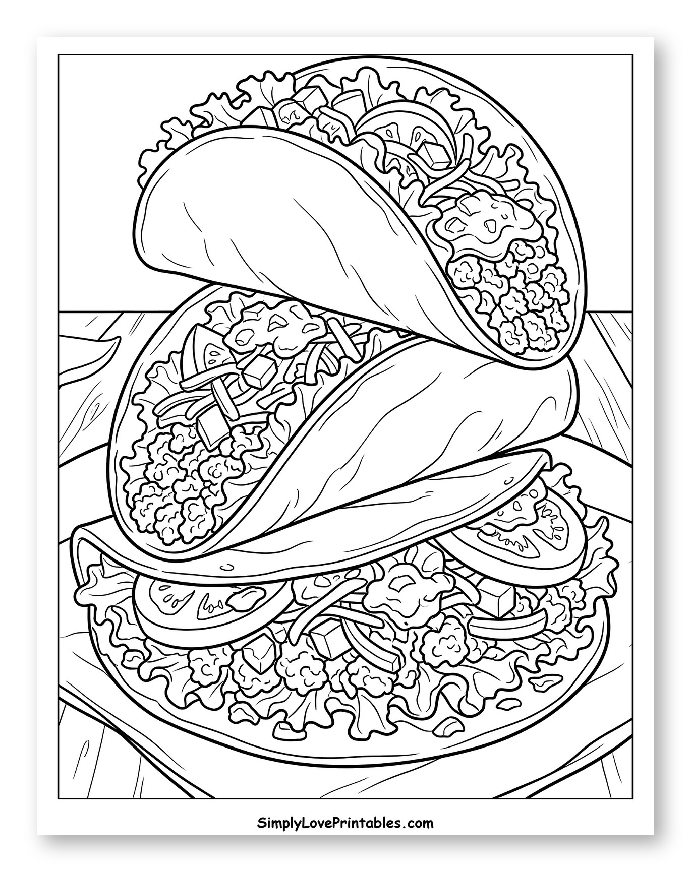 Stack of Three Delicious Tacos Coloring Page