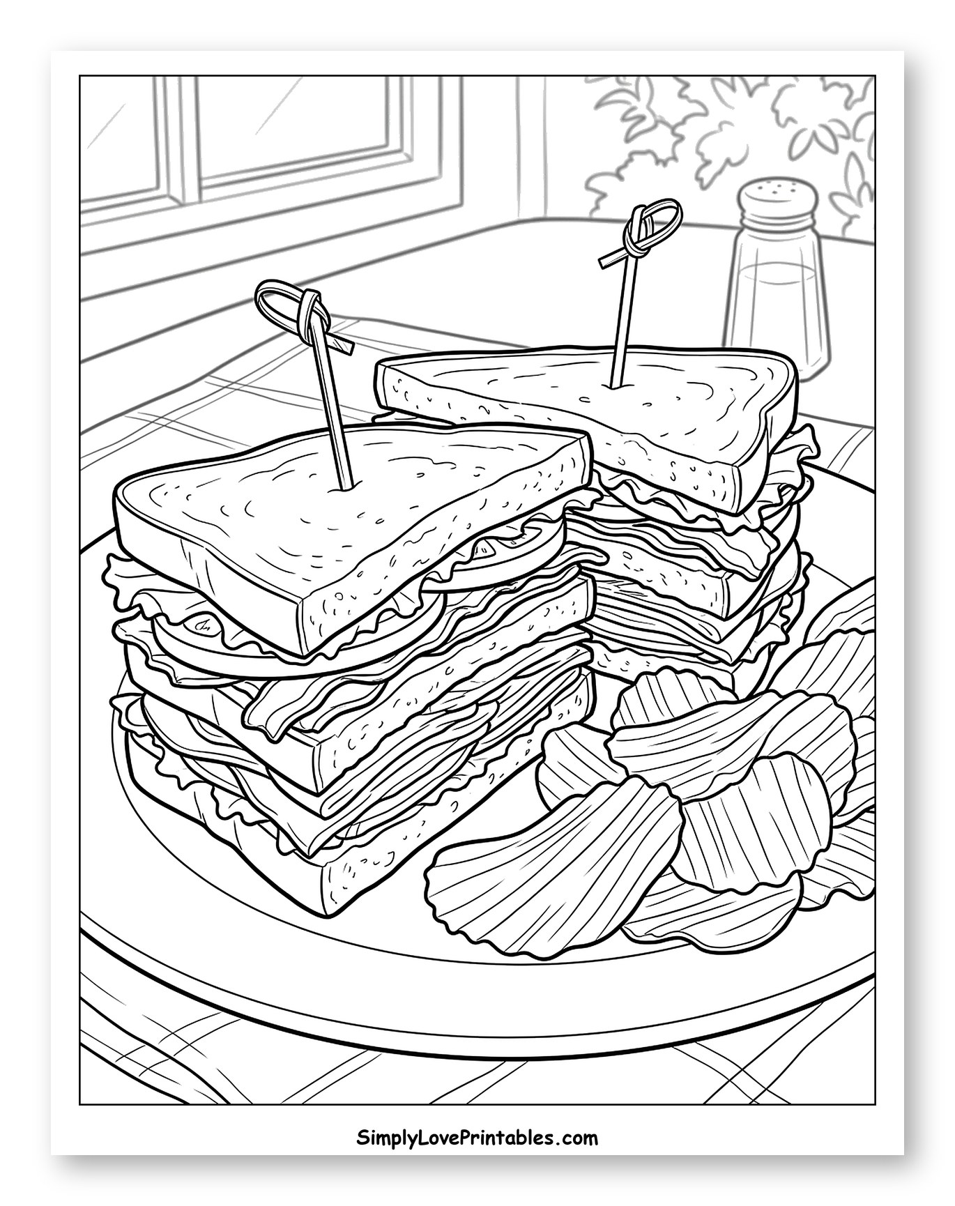 Stacked Club Sandwiches with Chips on a Plate to Color
