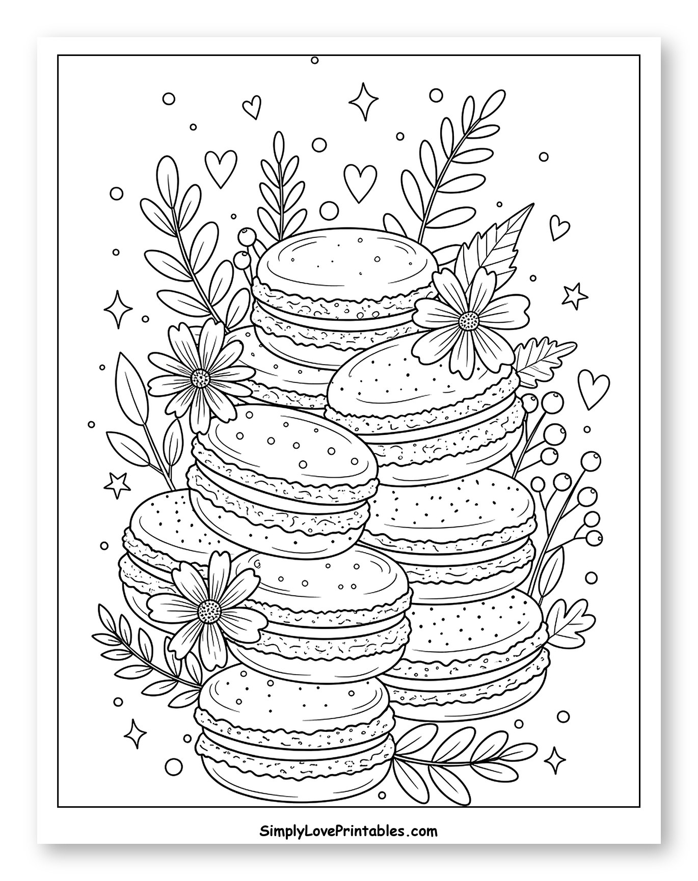 Stacked Macarons with Flowers and Leaves Coloring Page for Adults