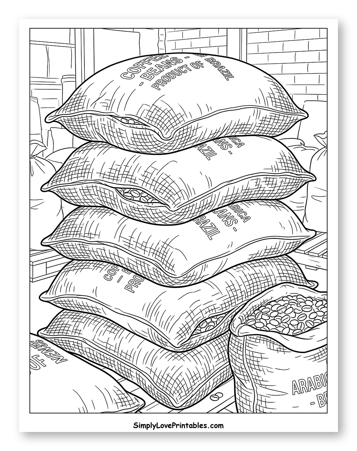 Stacked Sacks of Coffee Beans to Color