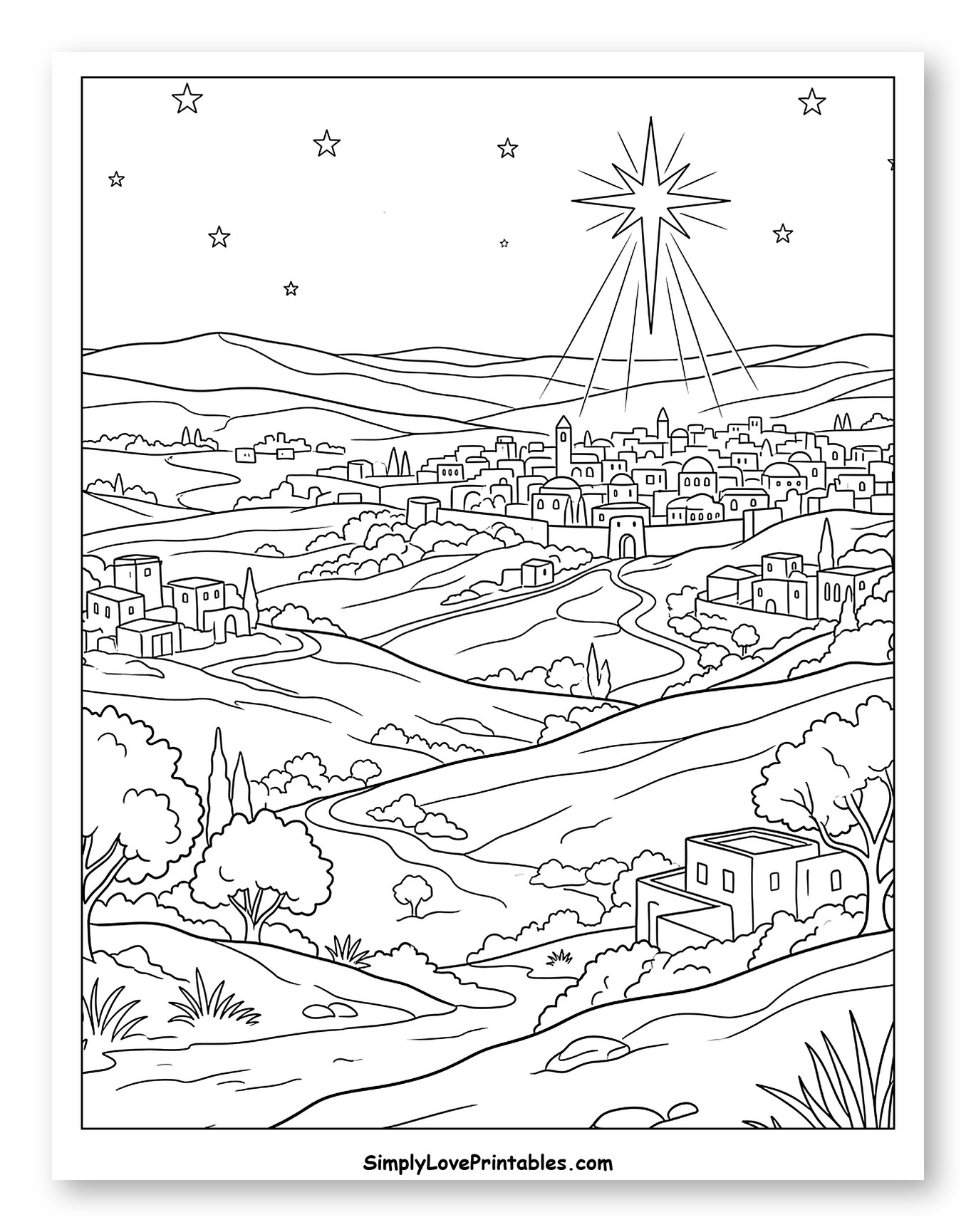 Star of Bethlehem Over a Hilly Town Coloring Sheet