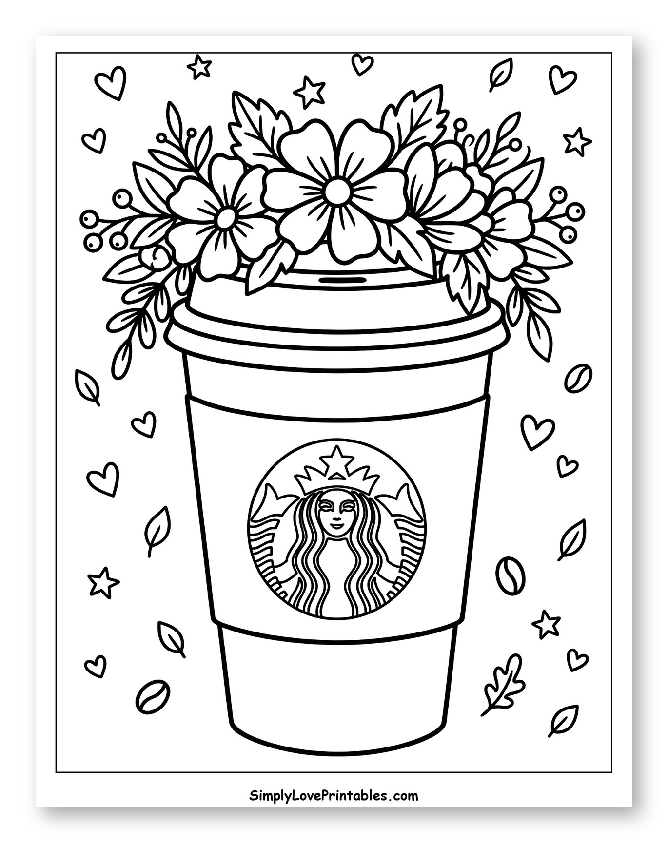 Starbucks Cup with Floral Bouquet Coloring Sheet for Adults
