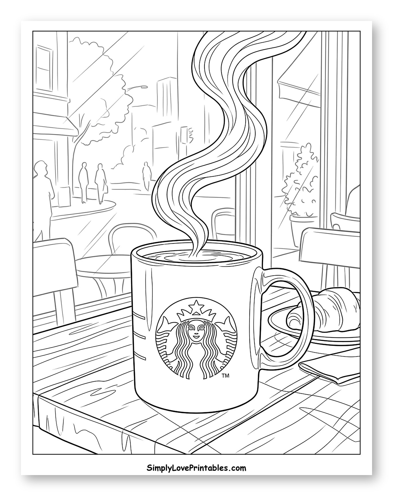 Starbucks Mug with Croissant and City View Coloring Page