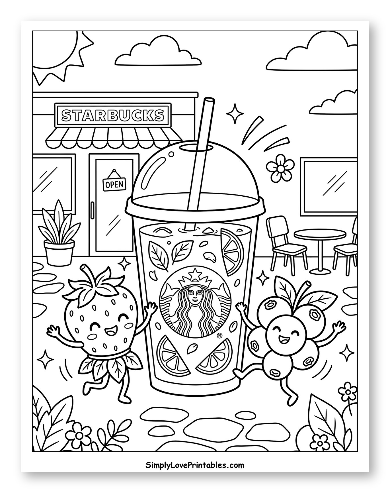 Starbucks Summer Drink with Dancing Fruit Coloring Sheet for Kids
