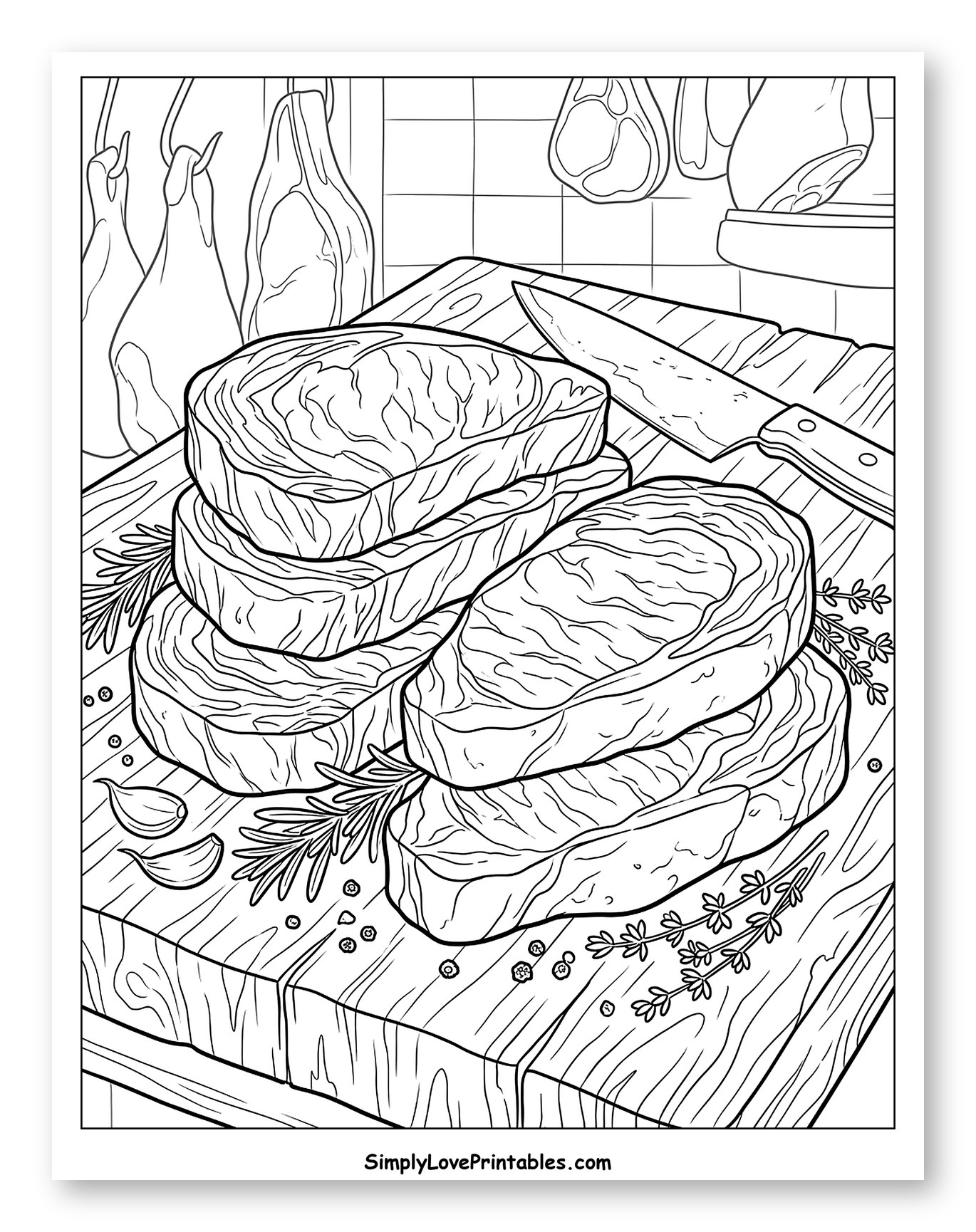 Steaks and Seasonings on Wooden Cutting Board Coloring Sheet