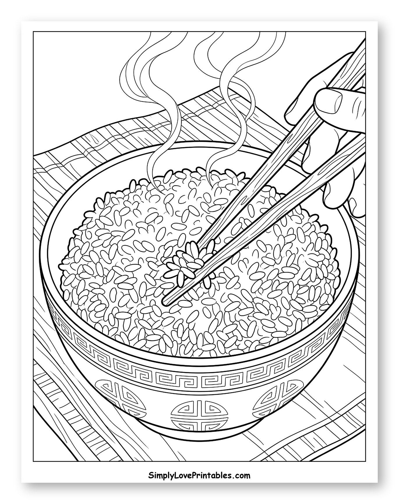 Steaming Bowl of Rice with Chopsticks Coloring Sheet
