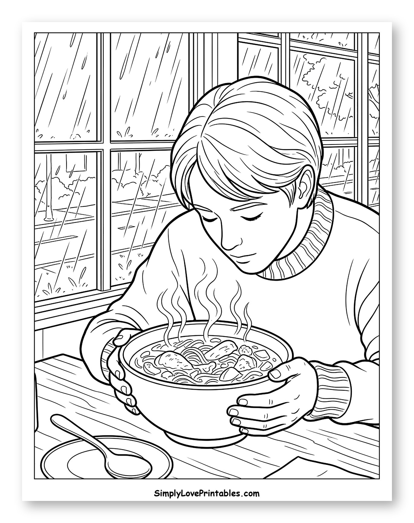 Steaming Bowl of Soup on a Rainy Day Coloring Page