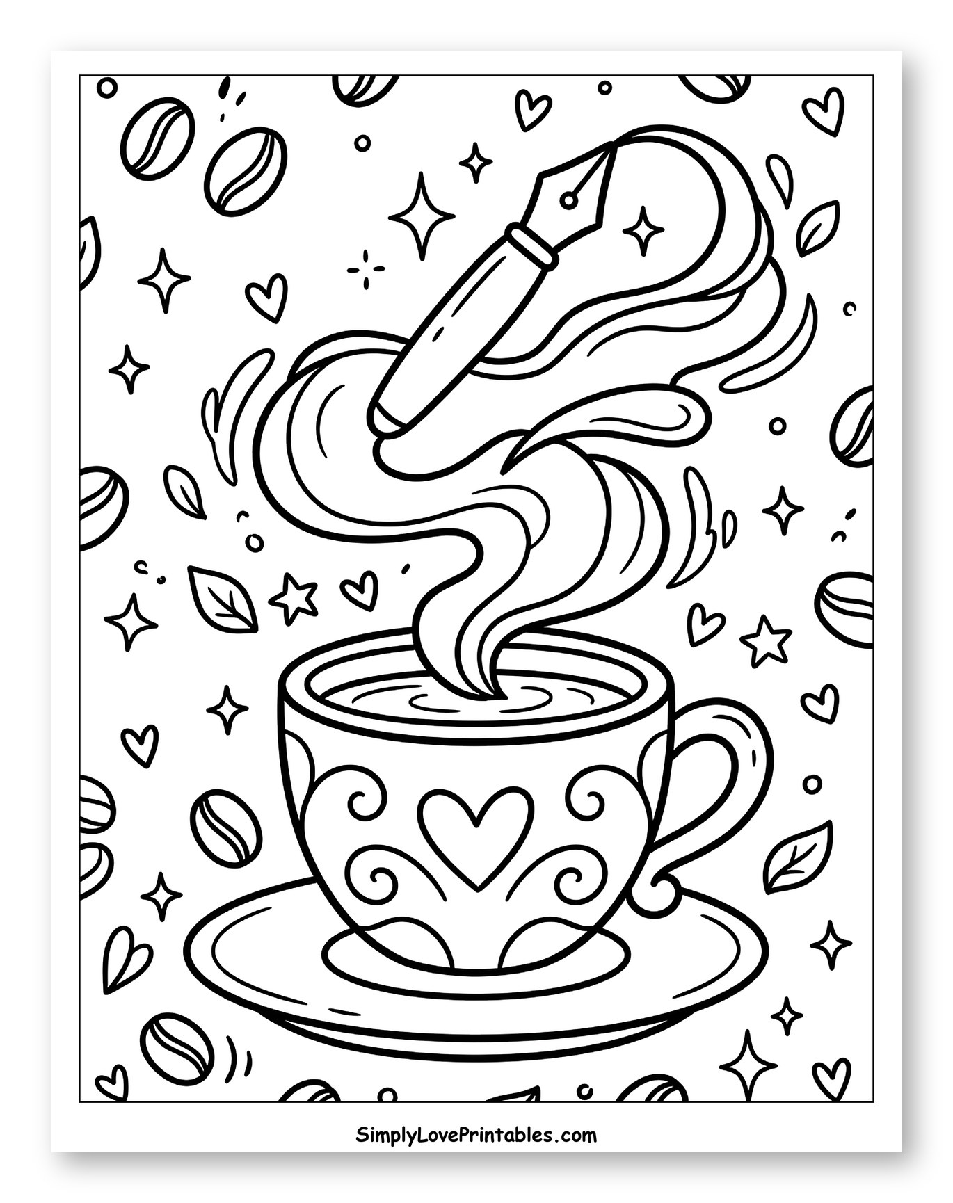 Steaming Coffee Cup with Floating Ink Pen Coloring Sheet for Adults