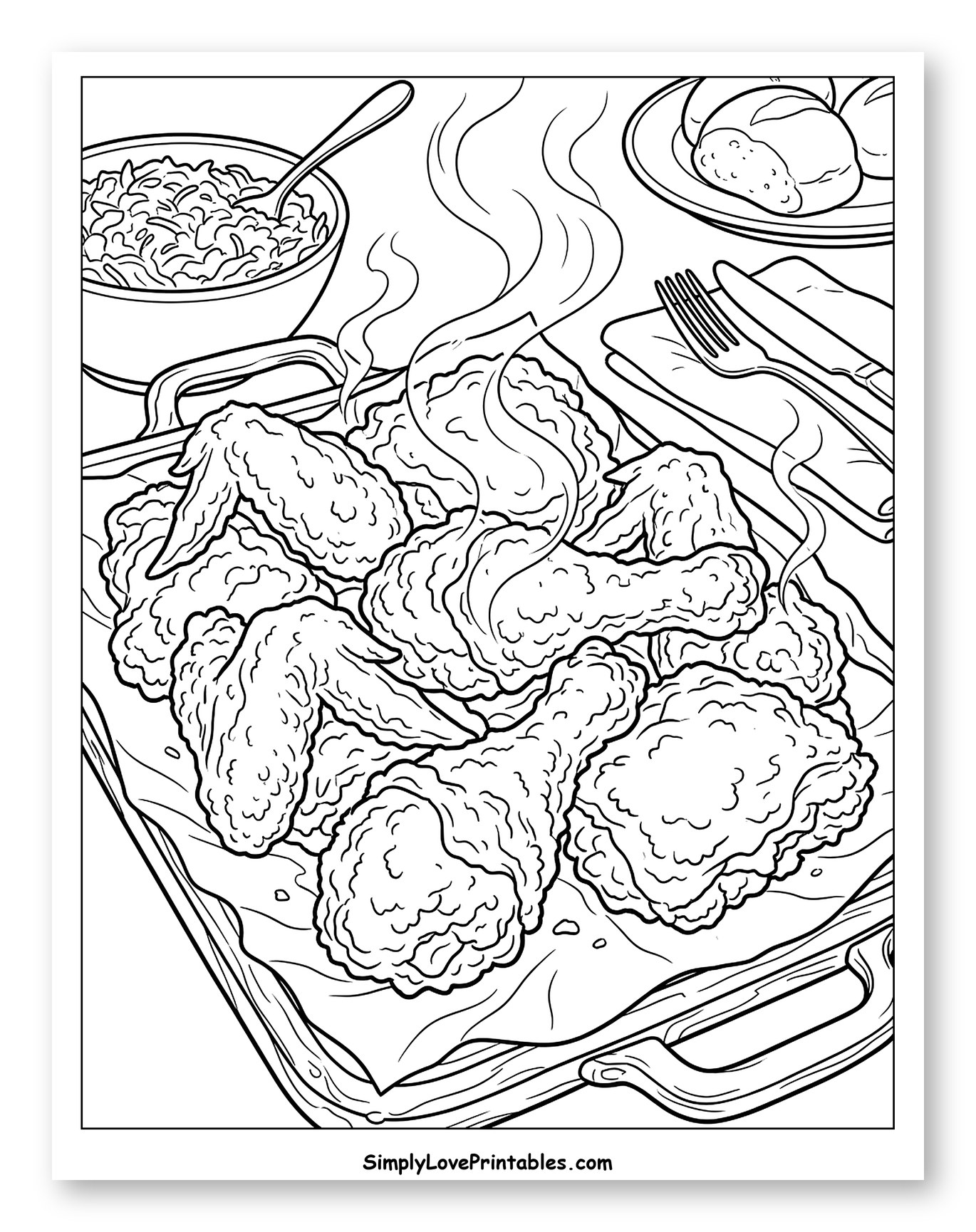Steaming Fried Chicken with Rolls and Rice