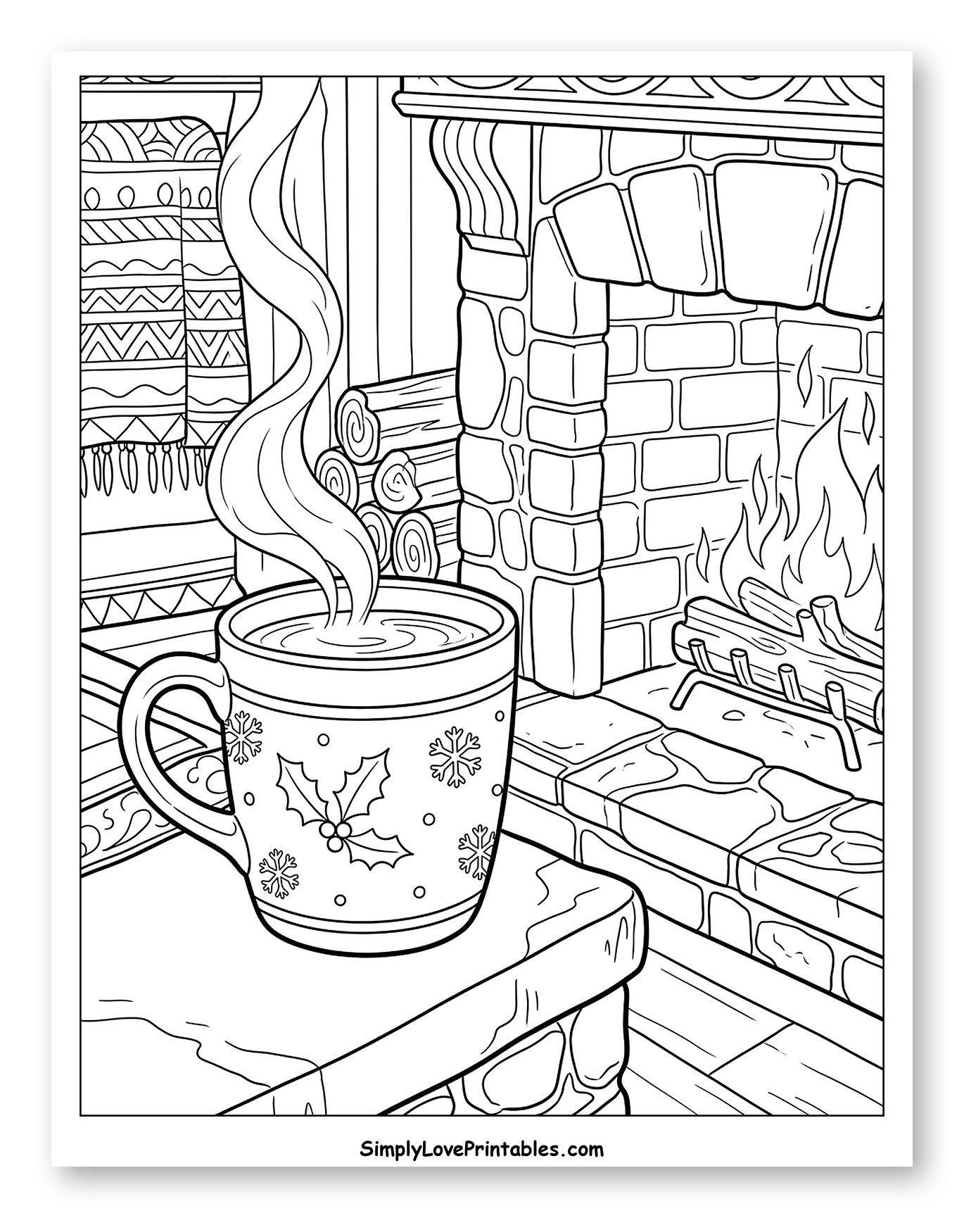 Steaming Hot Chocolate by a Cozy Fireplace Coloring Sheet