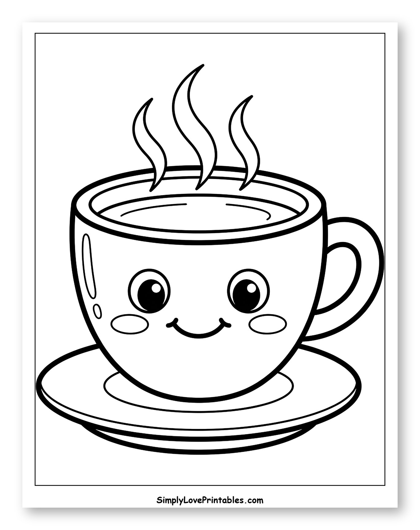 Steaming Kawaii Coffee Cup with Saucer Coloring Sheet for Toddlers