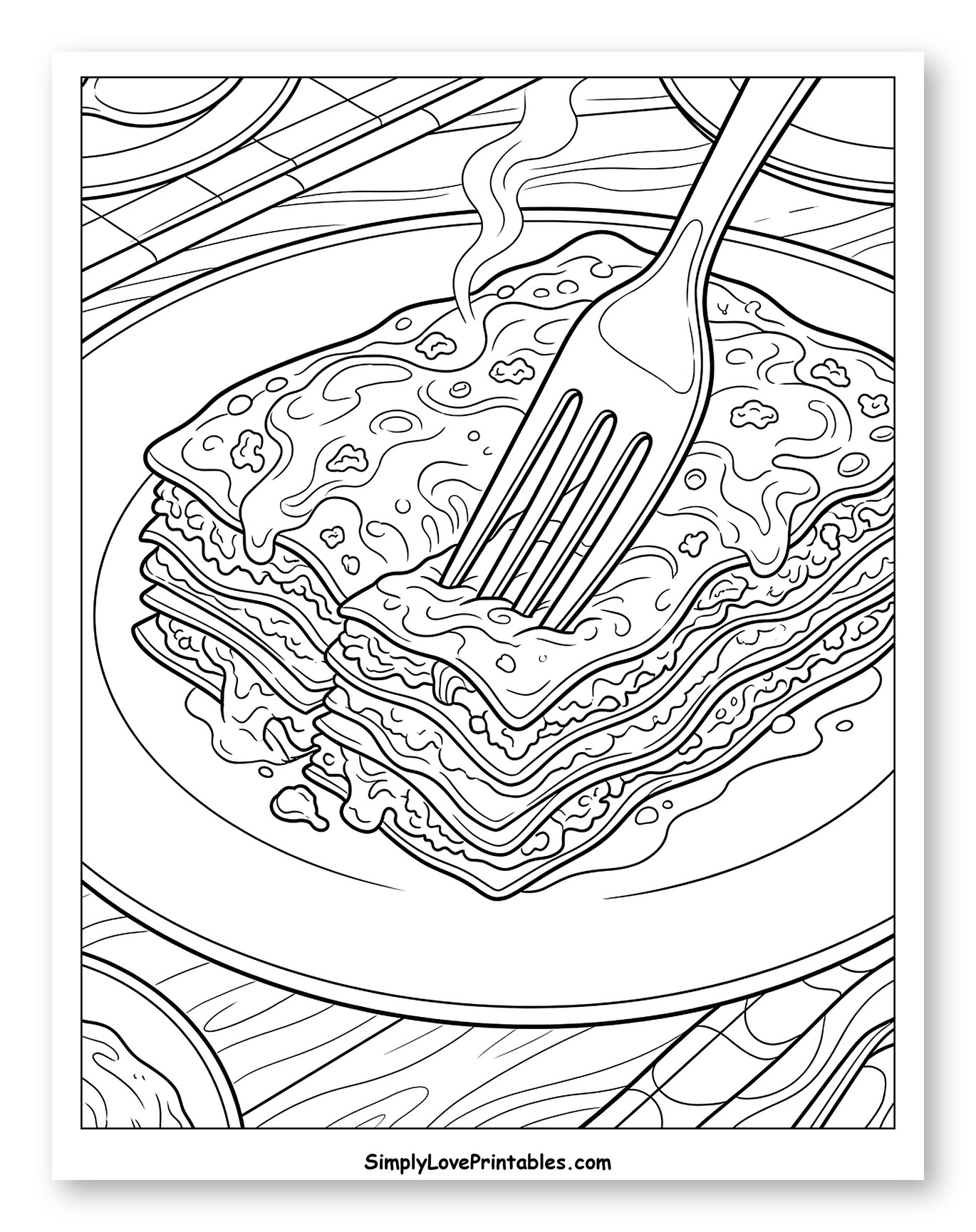 Steaming Lasagna with a Fork on a Plate to Color