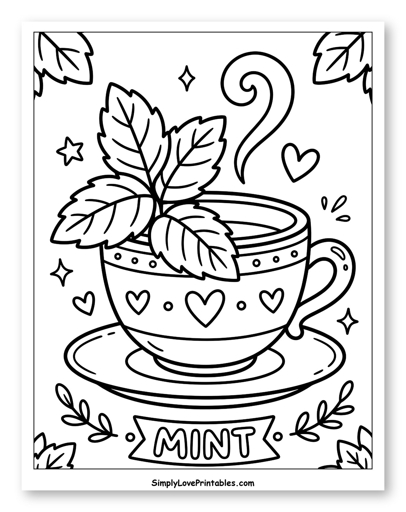 Steaming Mint Tea in a Teacup to Color for Adults