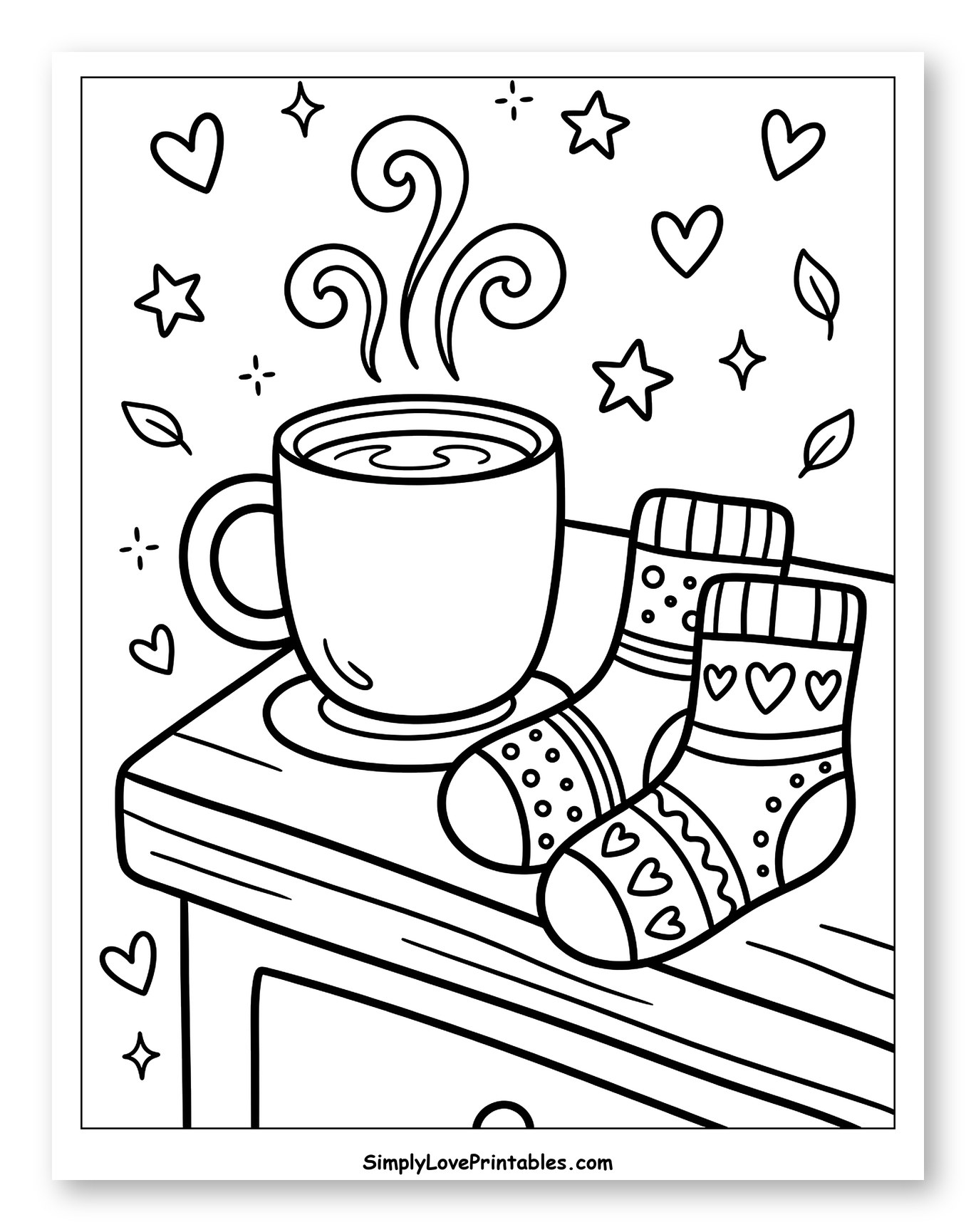 Steaming Mug and Cozy Socks on a Table to Color for Adults