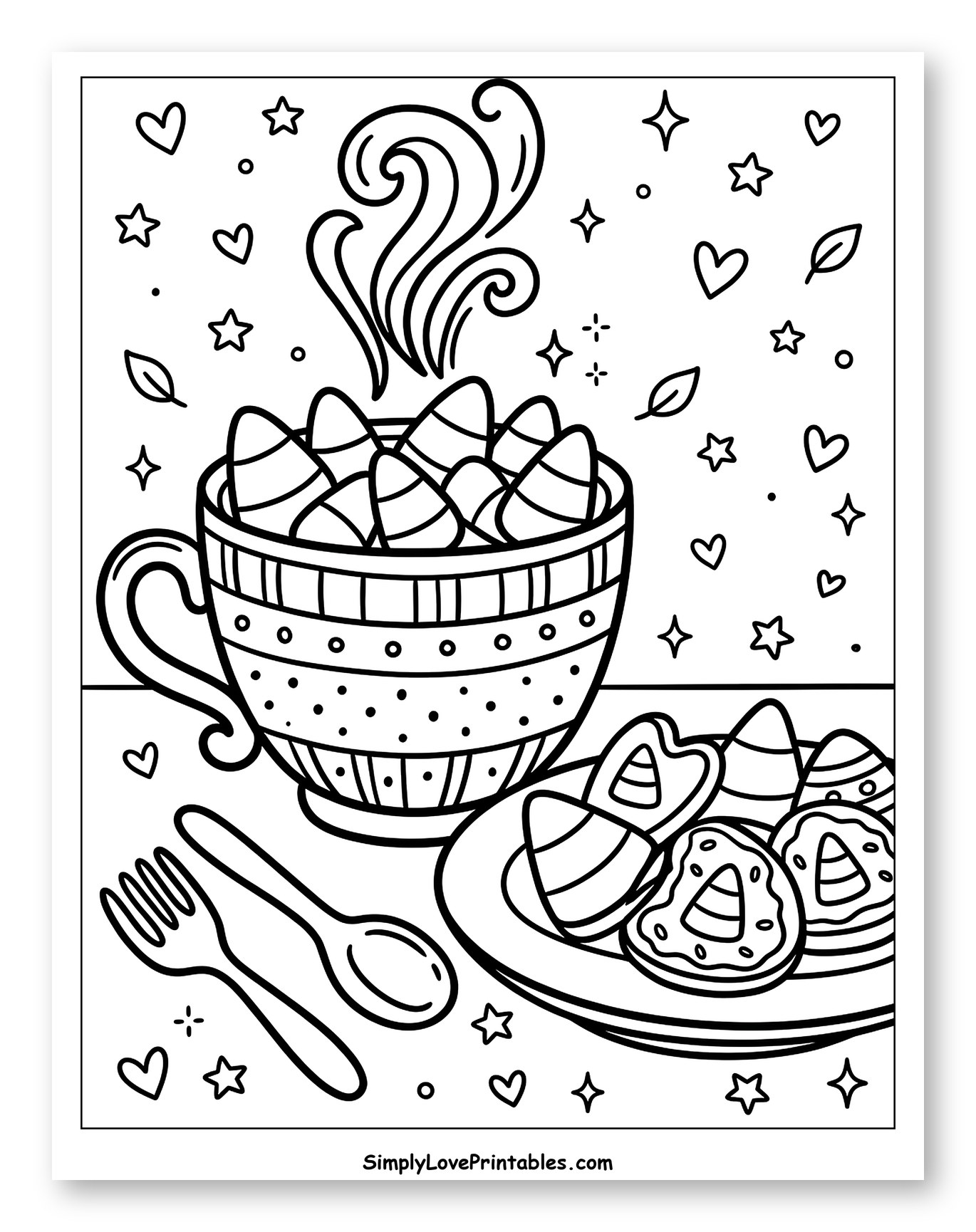 Steaming Mug with Candy Corn and Treats to Color for Adults