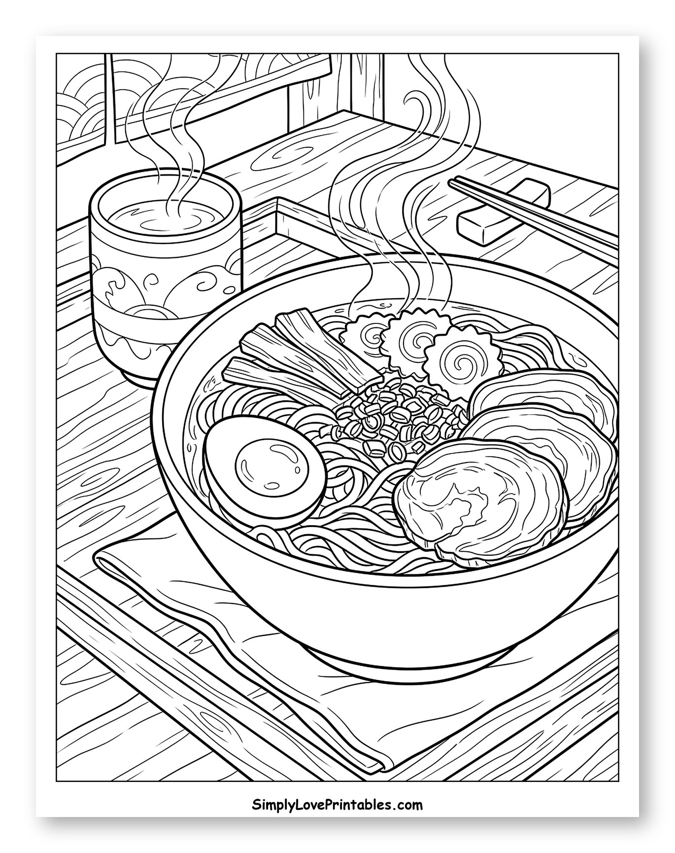 Steaming Ramen Bowl and Hot Tea Coloring Sheet