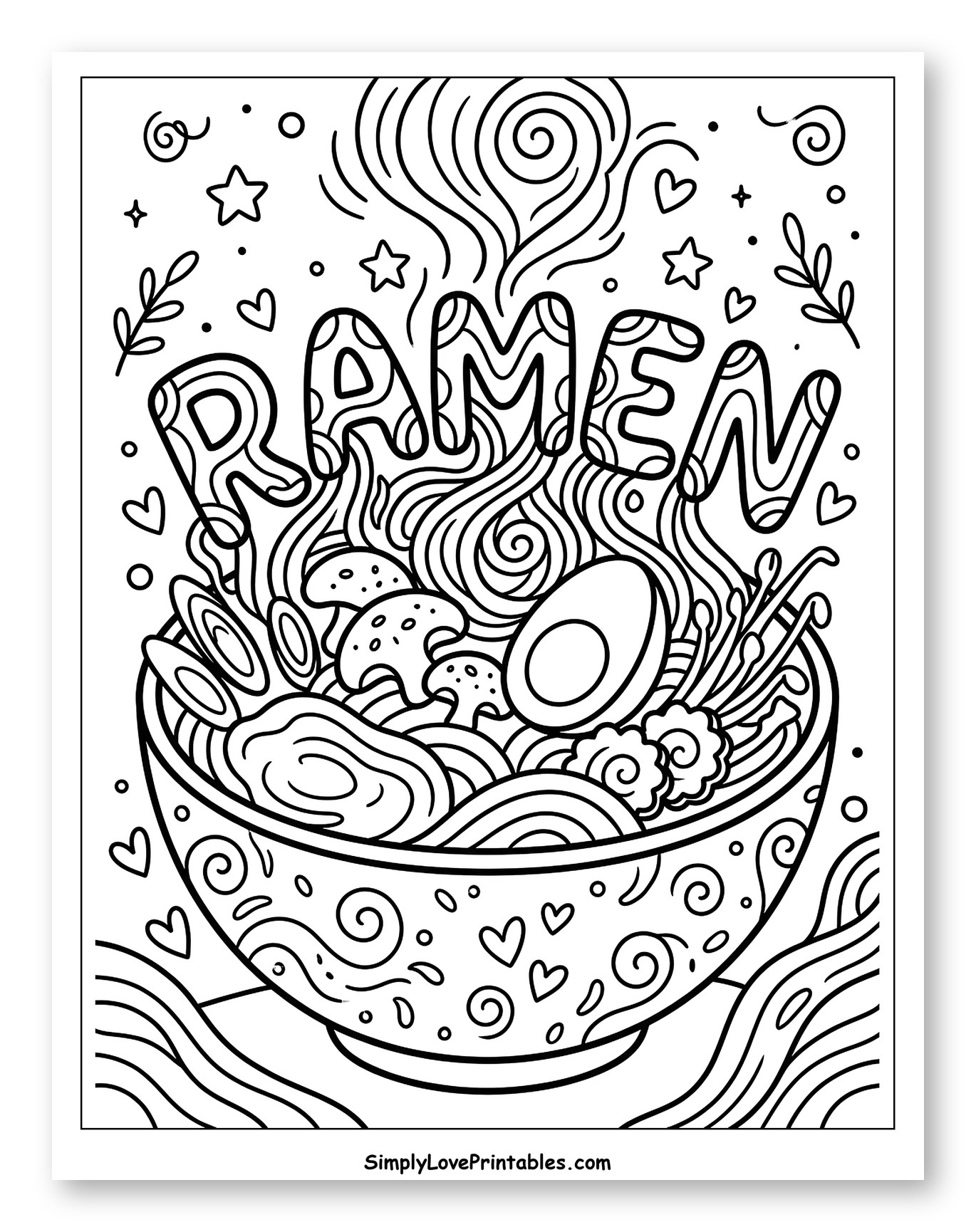 Steaming Ramen Bowl with 'RAMEN' Text and Swirls to Color for Adults