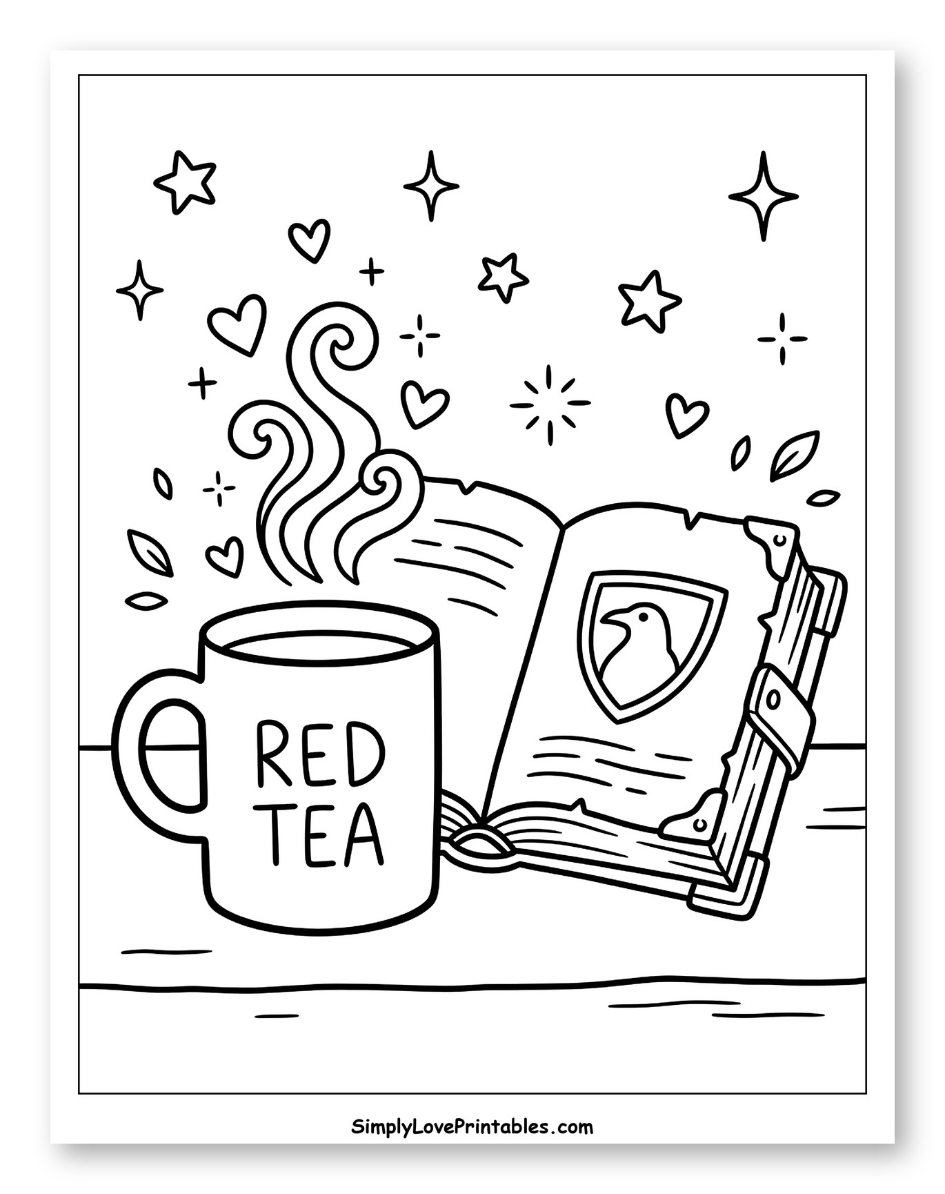 Steaming Red Tea and Enchanted Book Coloring Sheet for Adults