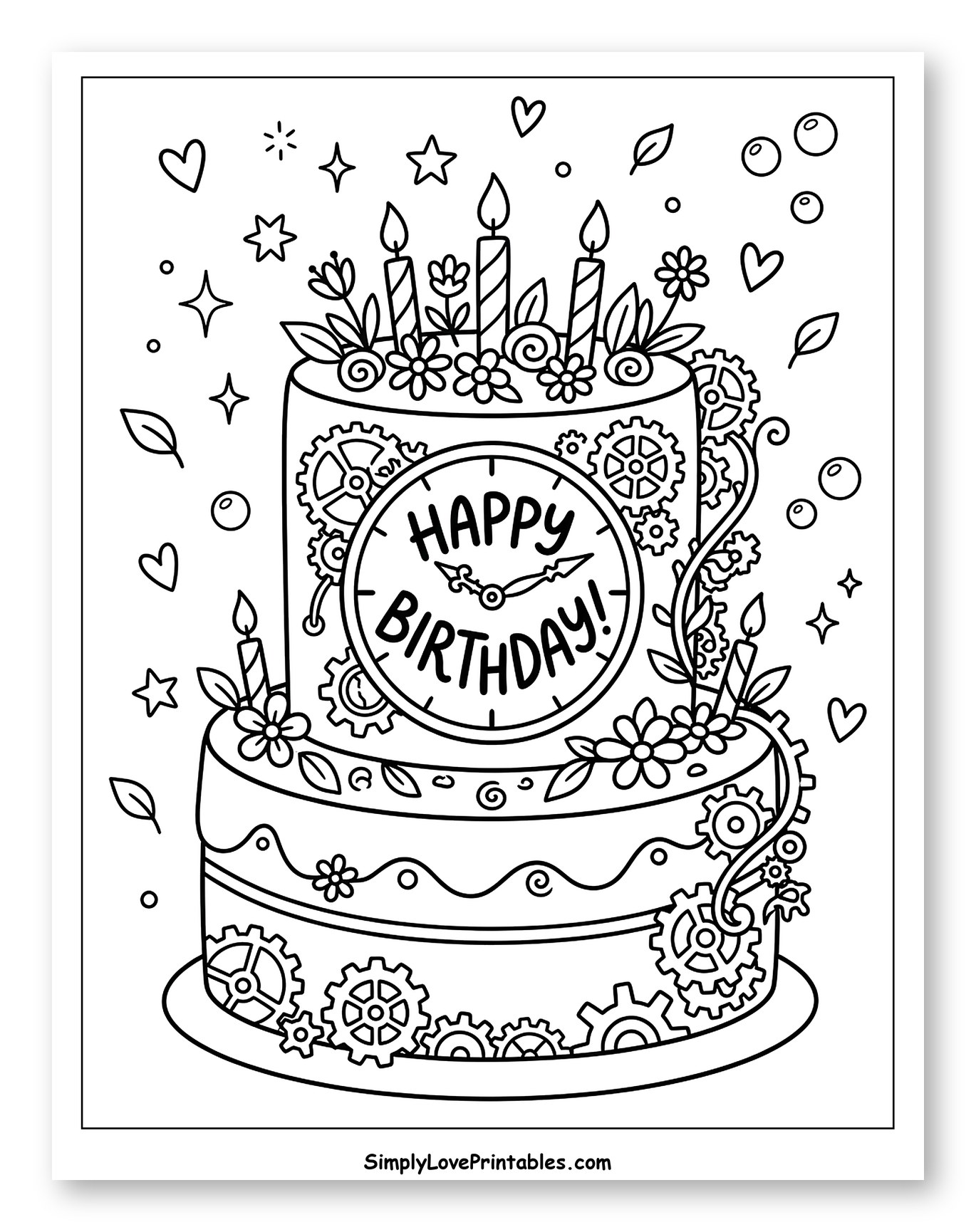 Steampunk Birthday Cake with Clock and Gears Coloring Page for Adults