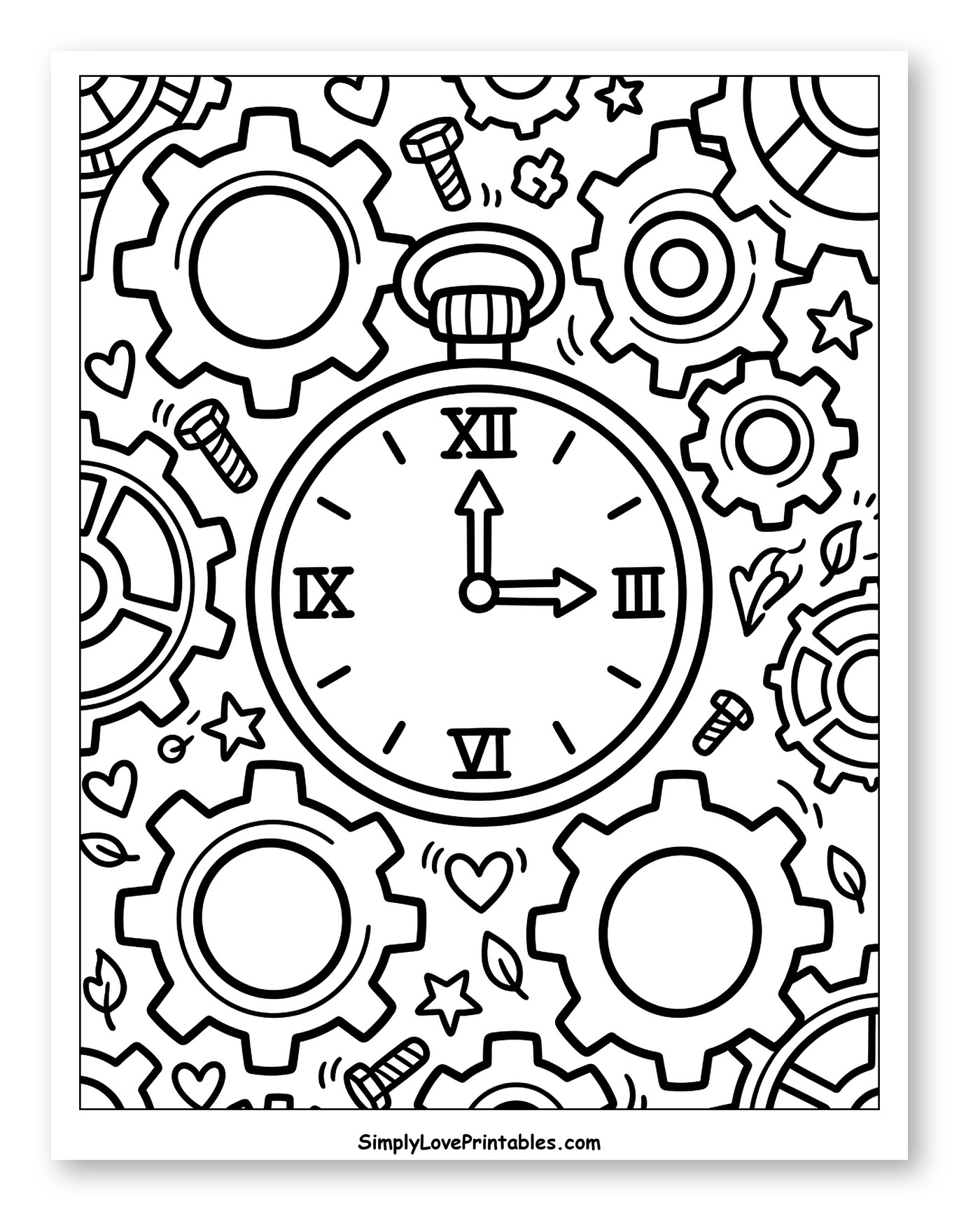 Steampunk Gears and Pocket Watch with Hearts Coloring Page for Adults