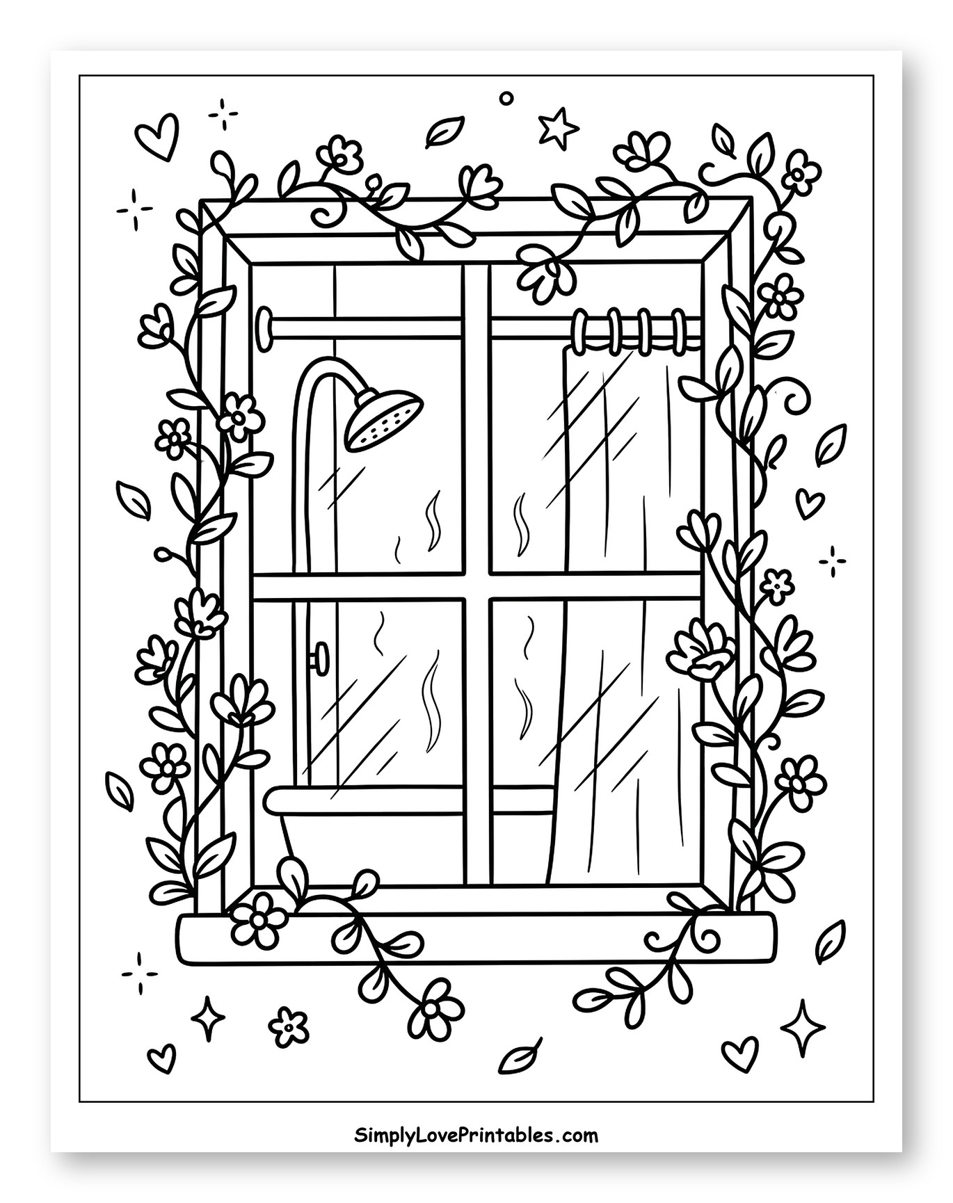 Steamy Bathroom Window with Shower and Plants Coloring Sheet for Adults