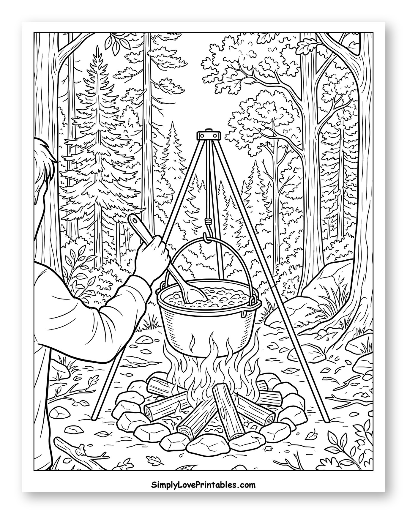 Stirring Soup Over a Campfire in the Forest