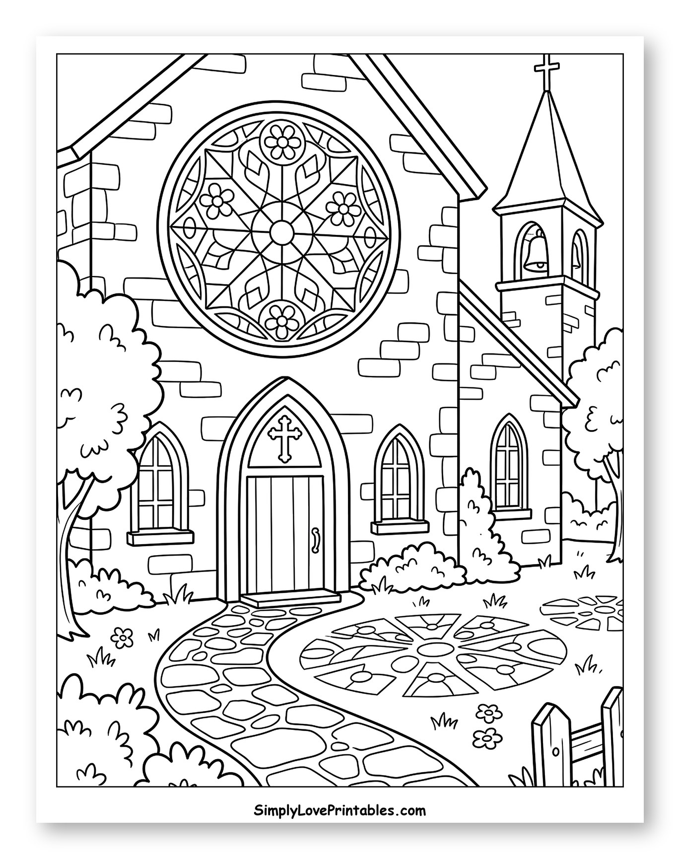 Stone Church with Ornate Rose Window to Color for Kids